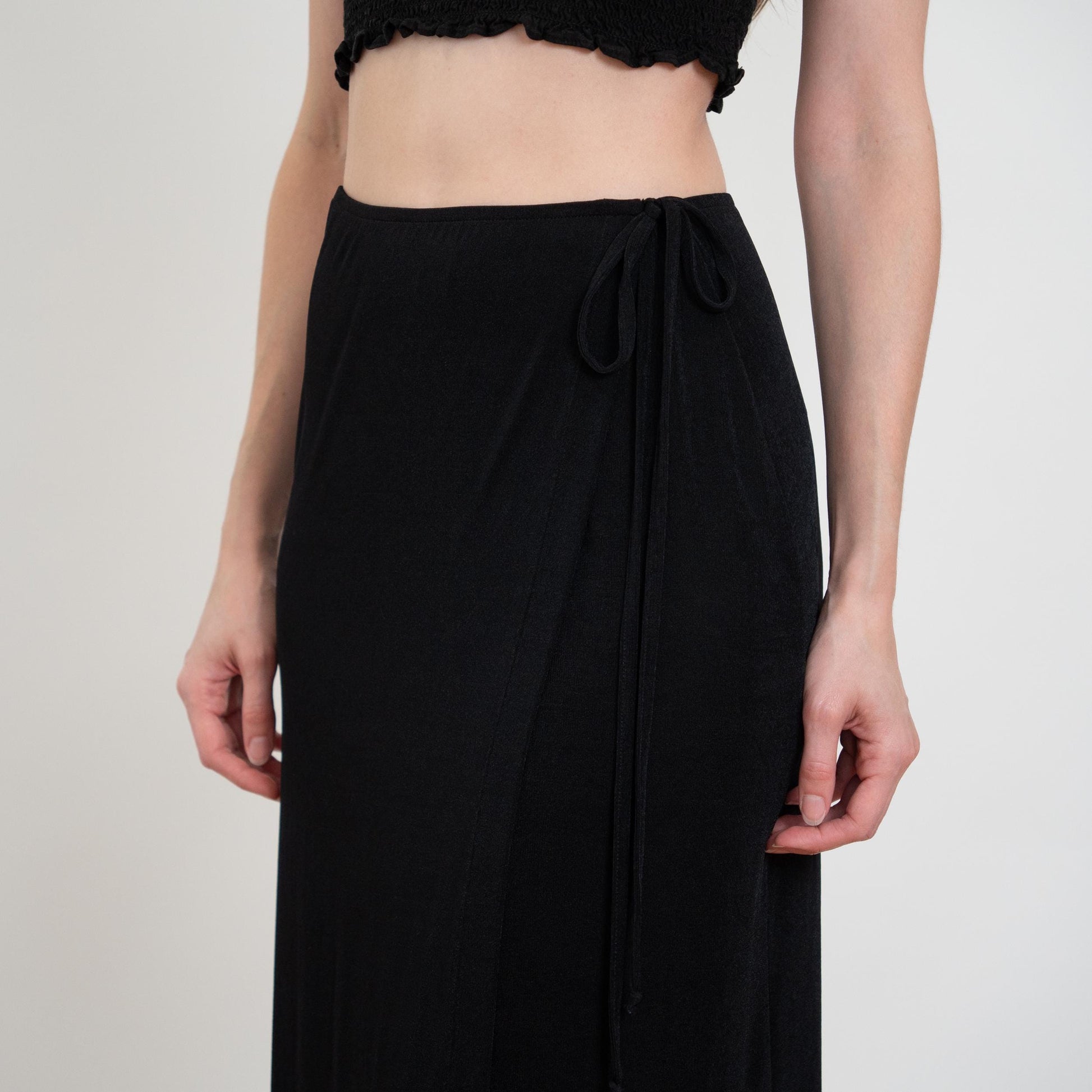 Vintage 90s Minimalist Black Maxi Wrap Skirt - Small to Medium | High Waisted A Line Boho Flowy Skirt