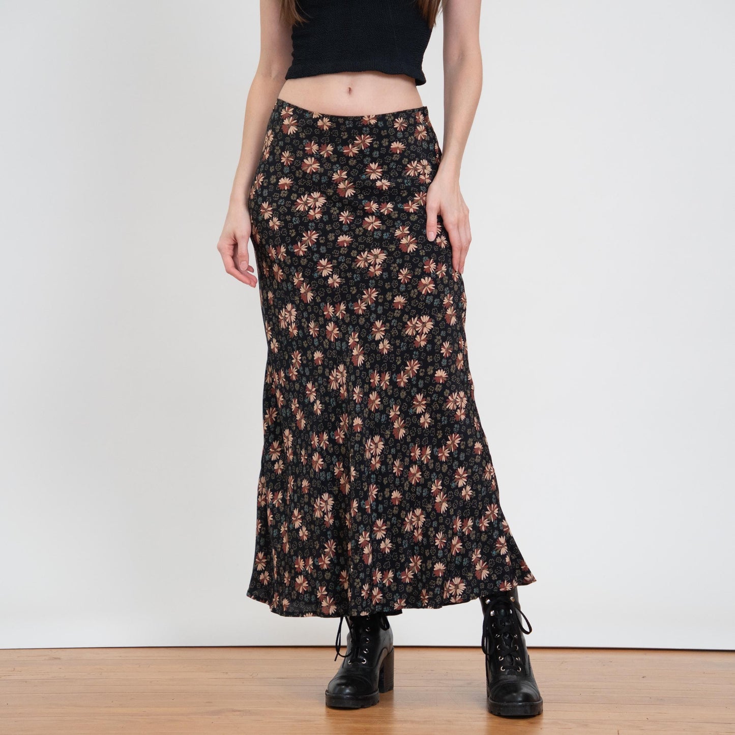 Vintage 90s Black Floral Mid Rise Maxi Skirt - Small | Boho Bias Cut Long Summer Skirt