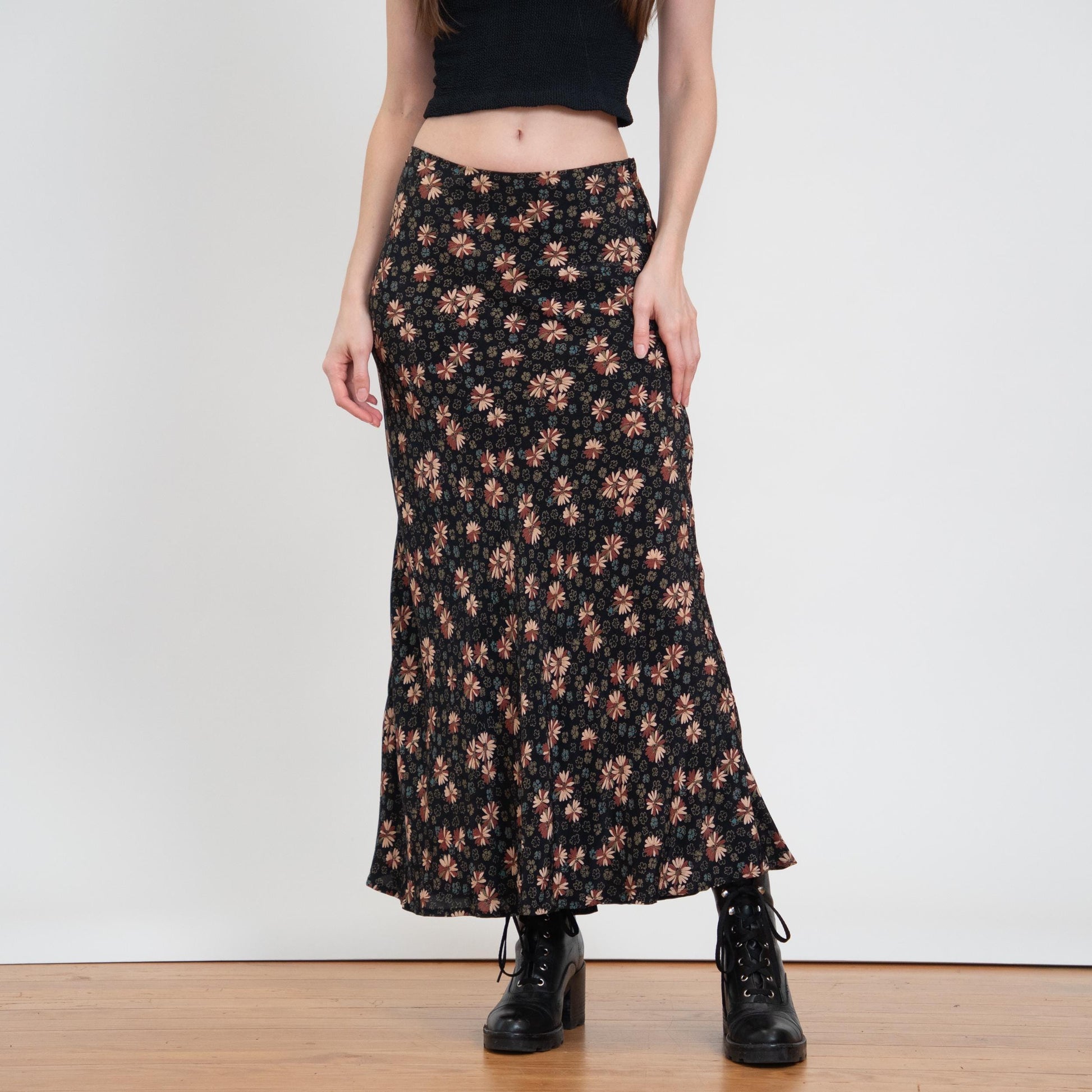 Vintage 90s Black Floral Mid Rise Maxi Skirt - Small | Boho Bias Cut Long Summer Skirt