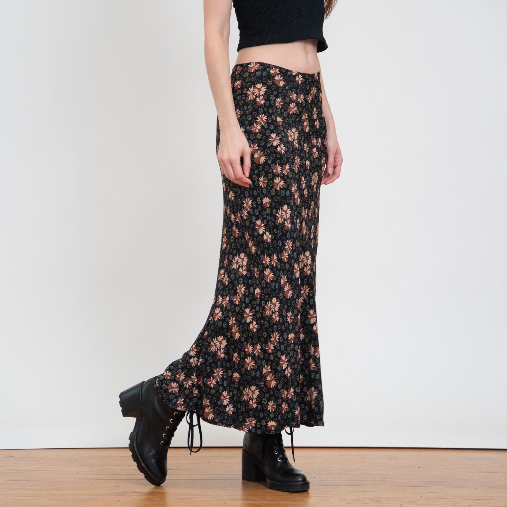 Vintage 90s Black Floral Mid Rise Maxi Skirt - Small | Boho Bias Cut Long Summer Skirt