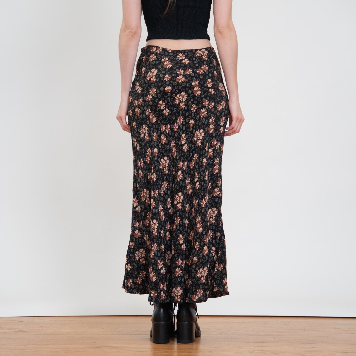 Vintage 90s Black Floral Mid Rise Maxi Skirt - Small | Boho Bias Cut Long Summer Skirt