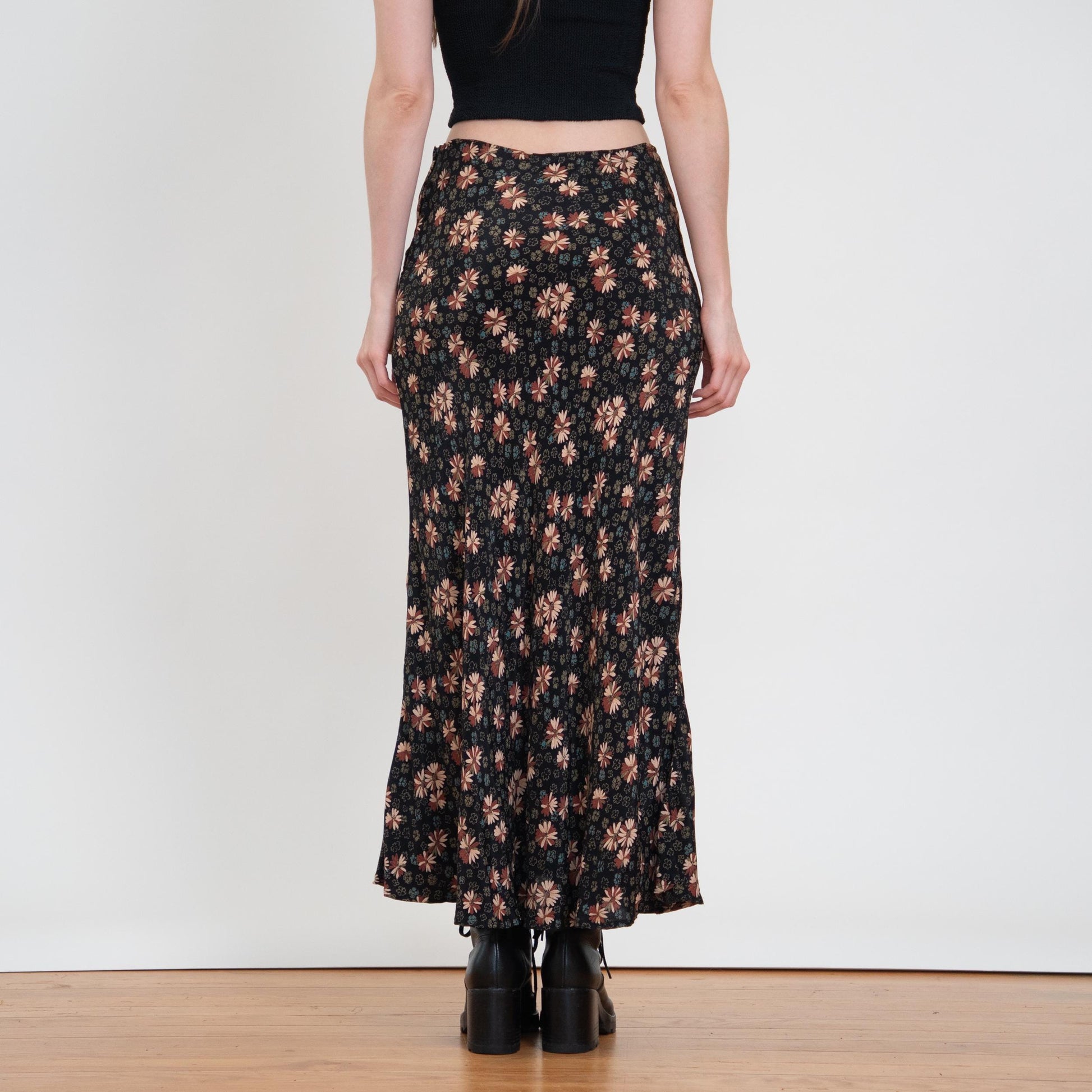 Vintage 90s Black Floral Mid Rise Maxi Skirt - Small | Boho Bias Cut Long Summer Skirt
