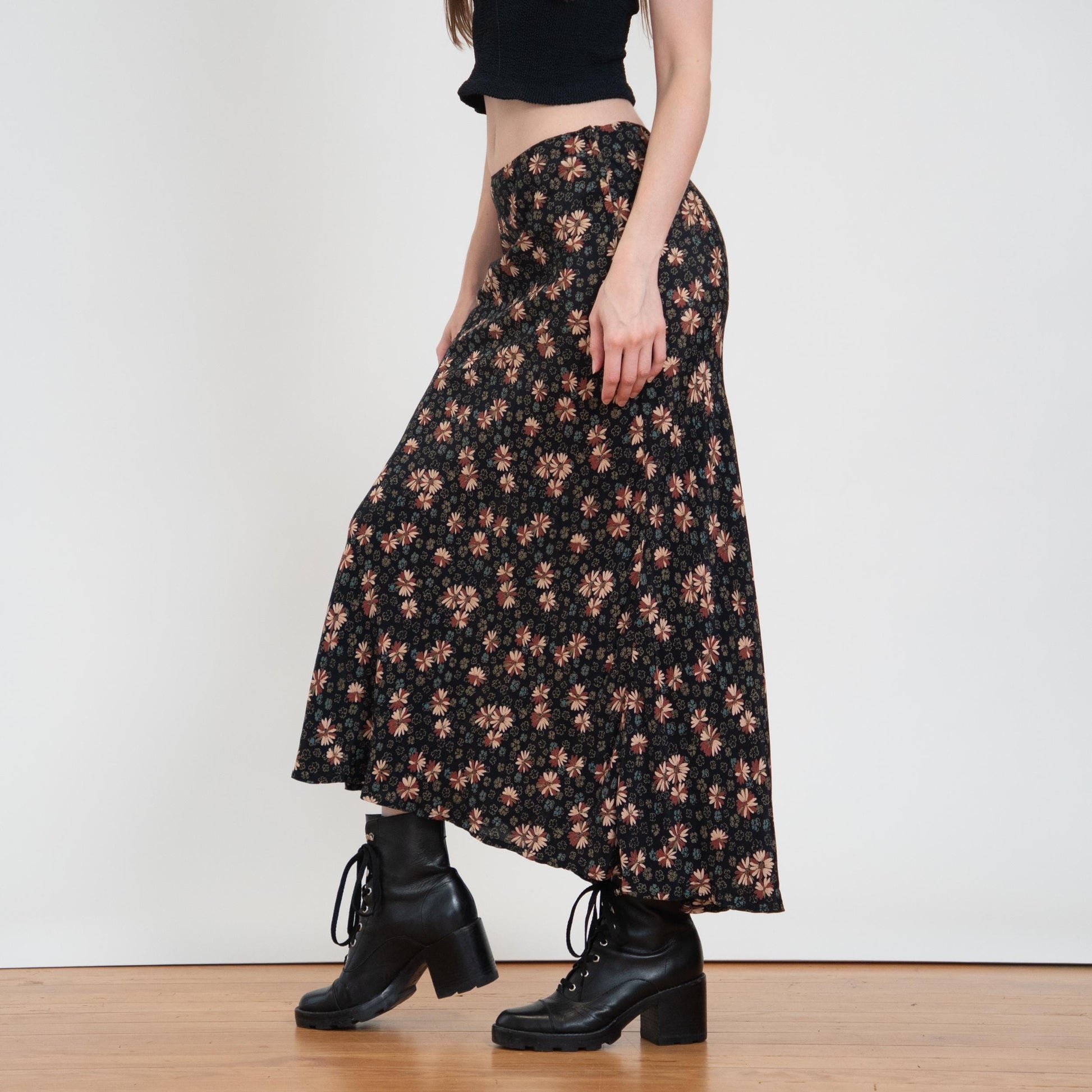 Vintage 90s Black Floral Mid Rise Maxi Skirt - Small | Boho Bias Cut Long Summer Skirt