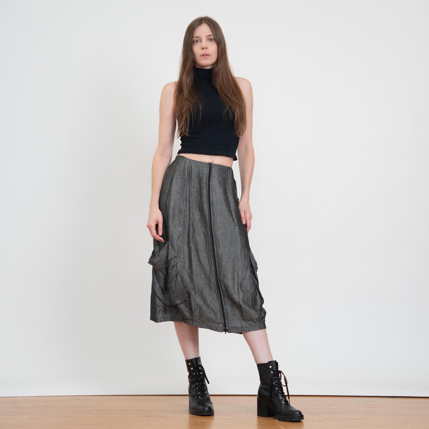 Vintage Y2K Silver Zip Front Bustle Skirt - Extra Small | Whimsigoth 2000s Low Rise Cargo Pocket Midi Skirt