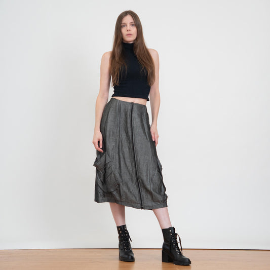 Vintage Y2K Silver Zip Front Bustle Skirt - Extra Small | Whimsigoth 2000s Low Rise Cargo Pocket Midi Skirt
