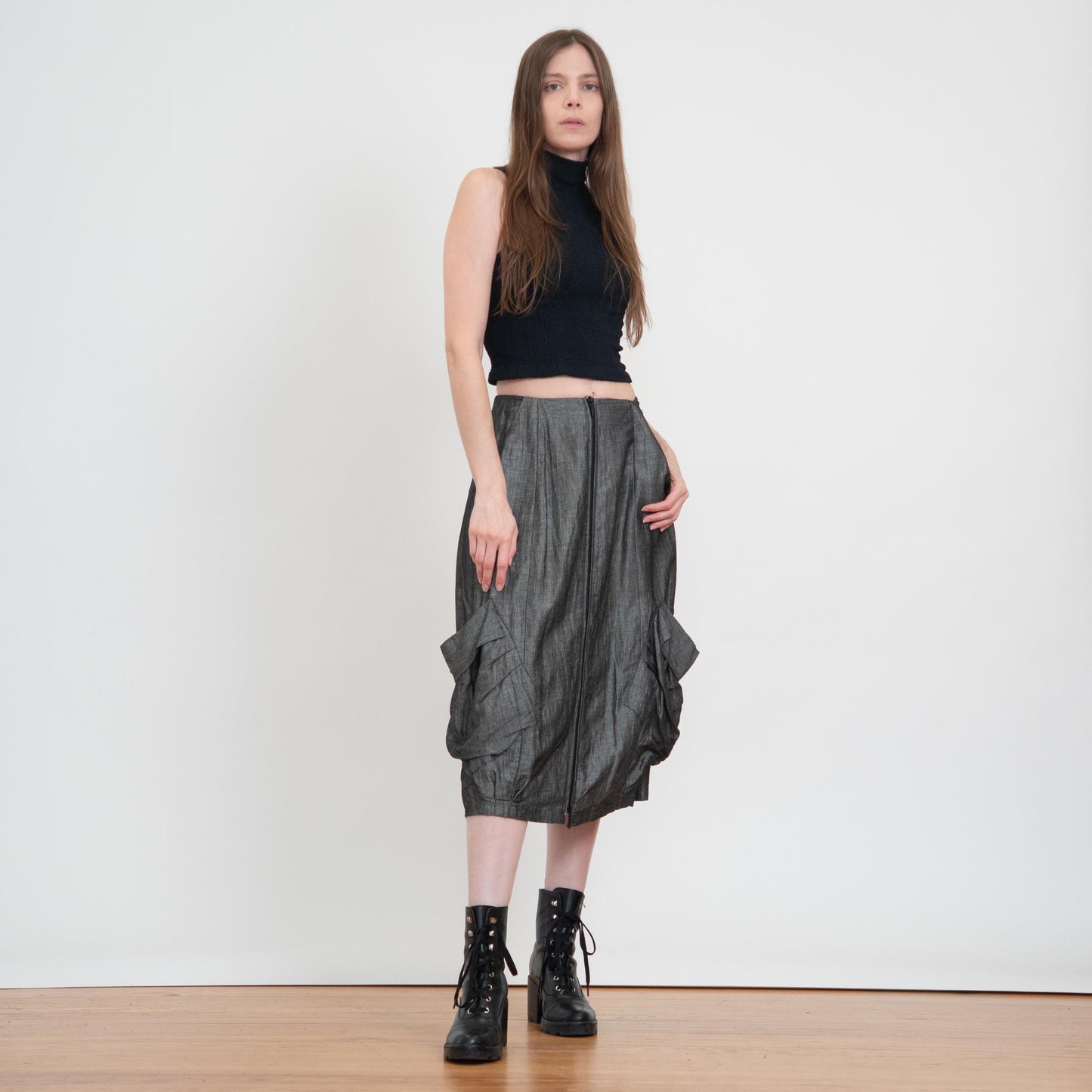 Vintage Y2K Silver Zip Front Bustle Skirt - Extra Small | Whimsigoth 2000s Low Rise Cargo Pocket Midi Skirt