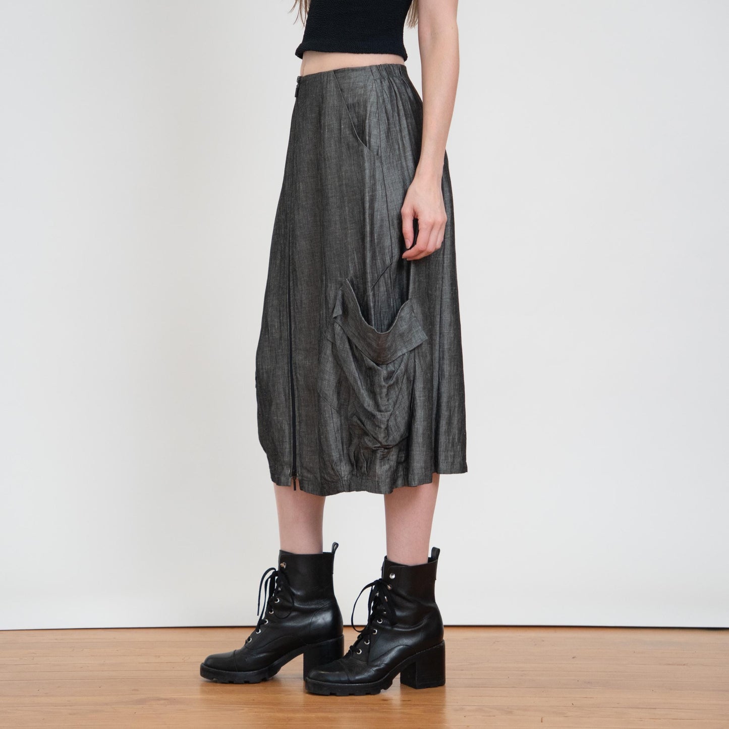 Vintage Y2K Silver Zip Front Bustle Skirt - Extra Small | Whimsigoth 2000s Low Rise Cargo Pocket Midi Skirt