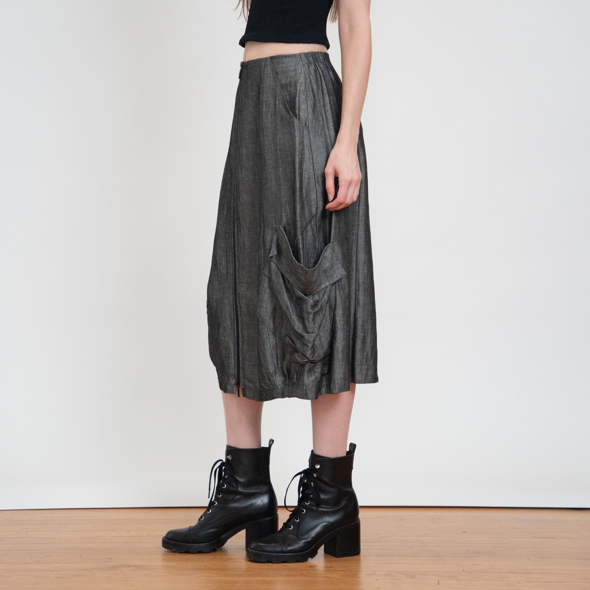 Vintage Y2K Silver Zip Front Bustle Skirt - Extra Small | Whimsigoth 2000s Low Rise Cargo Pocket Midi Skirt