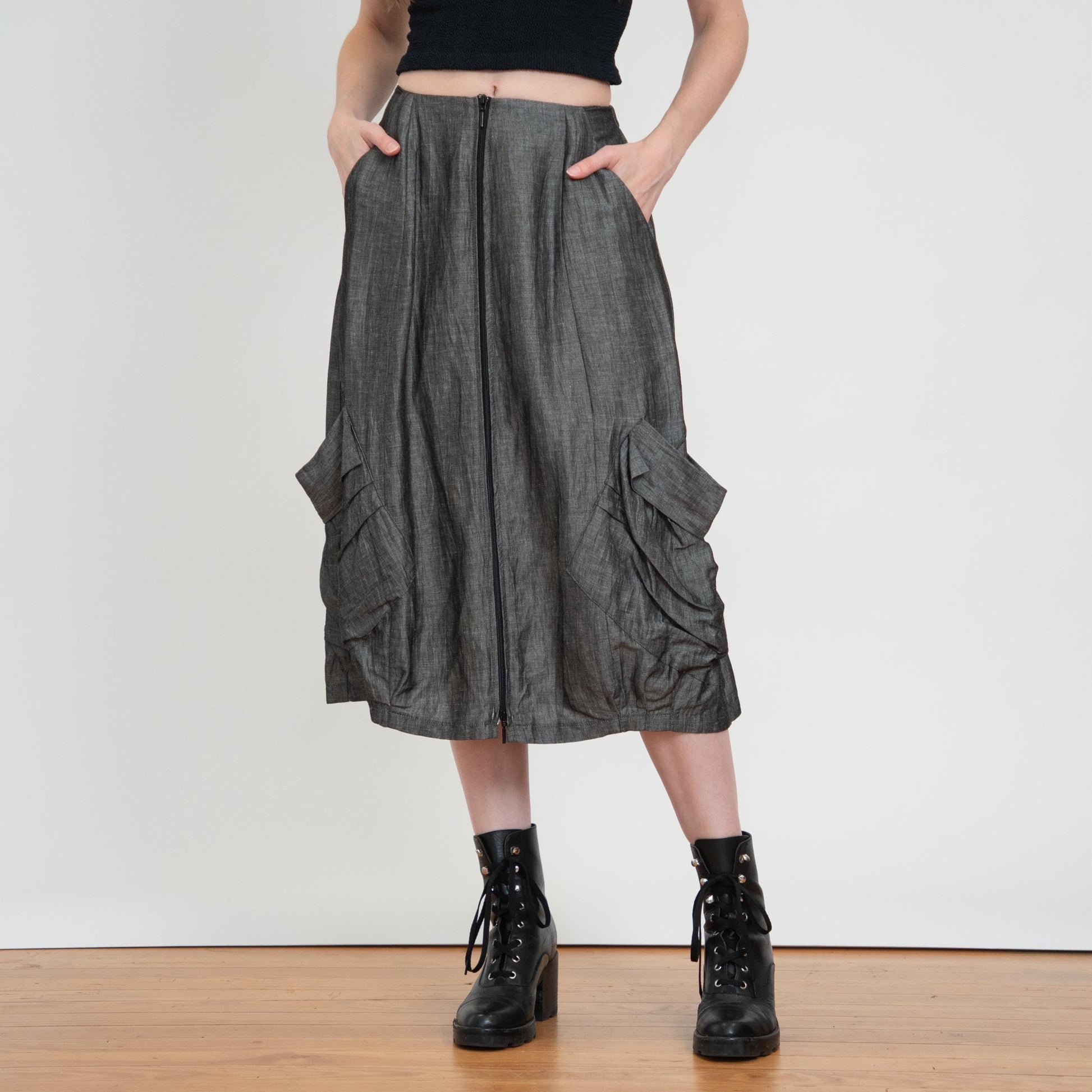 Vintage Y2K Silver Zip Front Bustle Skirt - Extra Small | Whimsigoth 2000s Low Rise Cargo Pocket Midi Skirt