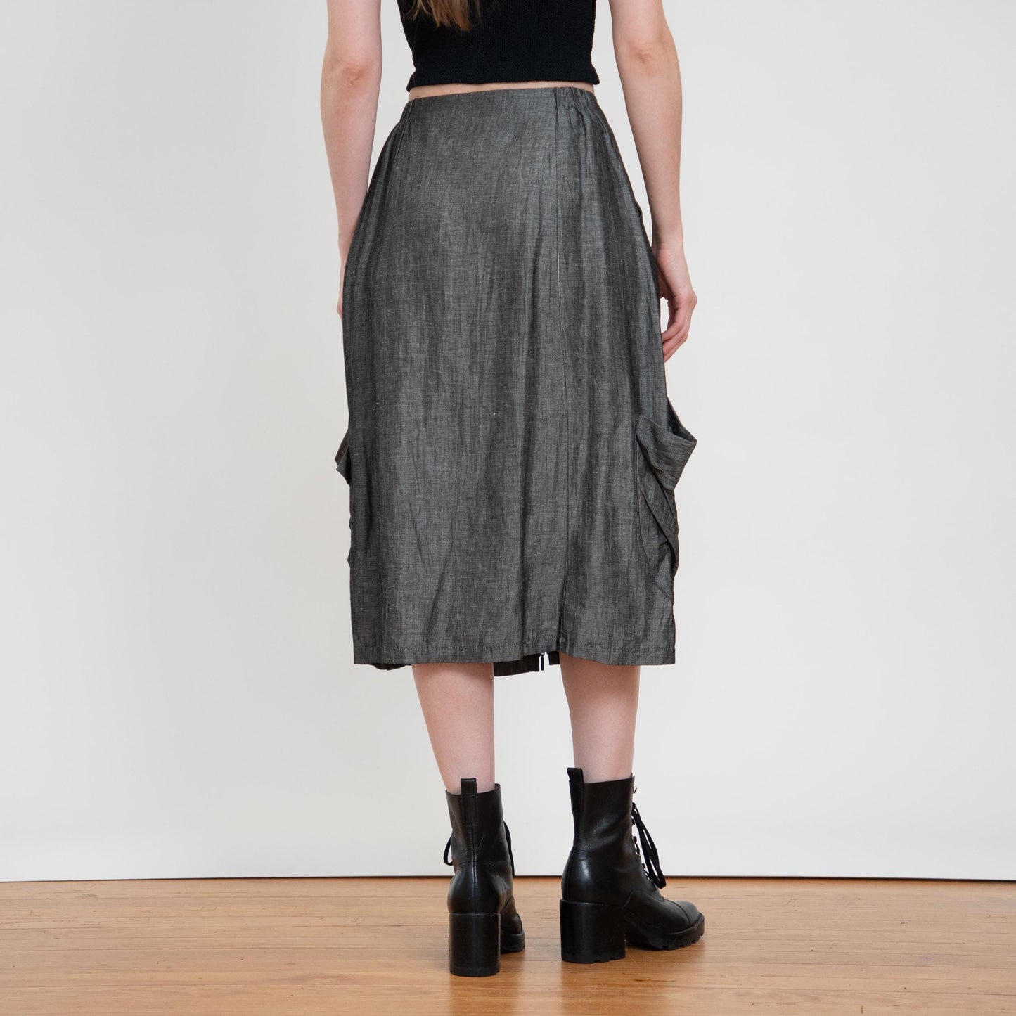 Vintage Y2K Silver Zip Front Bustle Skirt - Extra Small | Whimsigoth 2000s Low Rise Cargo Pocket Midi Skirt