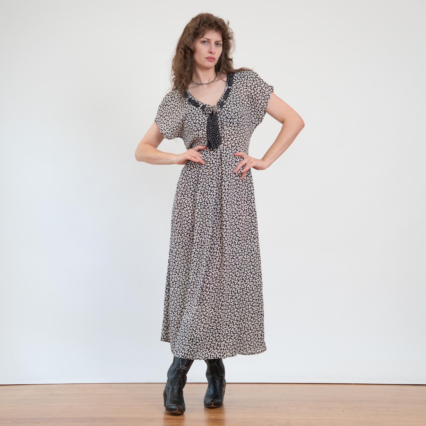 Vintage 90s Does 30s Sheer Black & White Clover Print Maxi Dress - Large | Boho Grunge Neck Tie Sundress