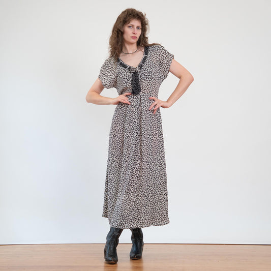 Vintage 90s Does 30s Sheer Black & White Clover Print Maxi Dress - Large | Boho Grunge Neck Tie Sundress