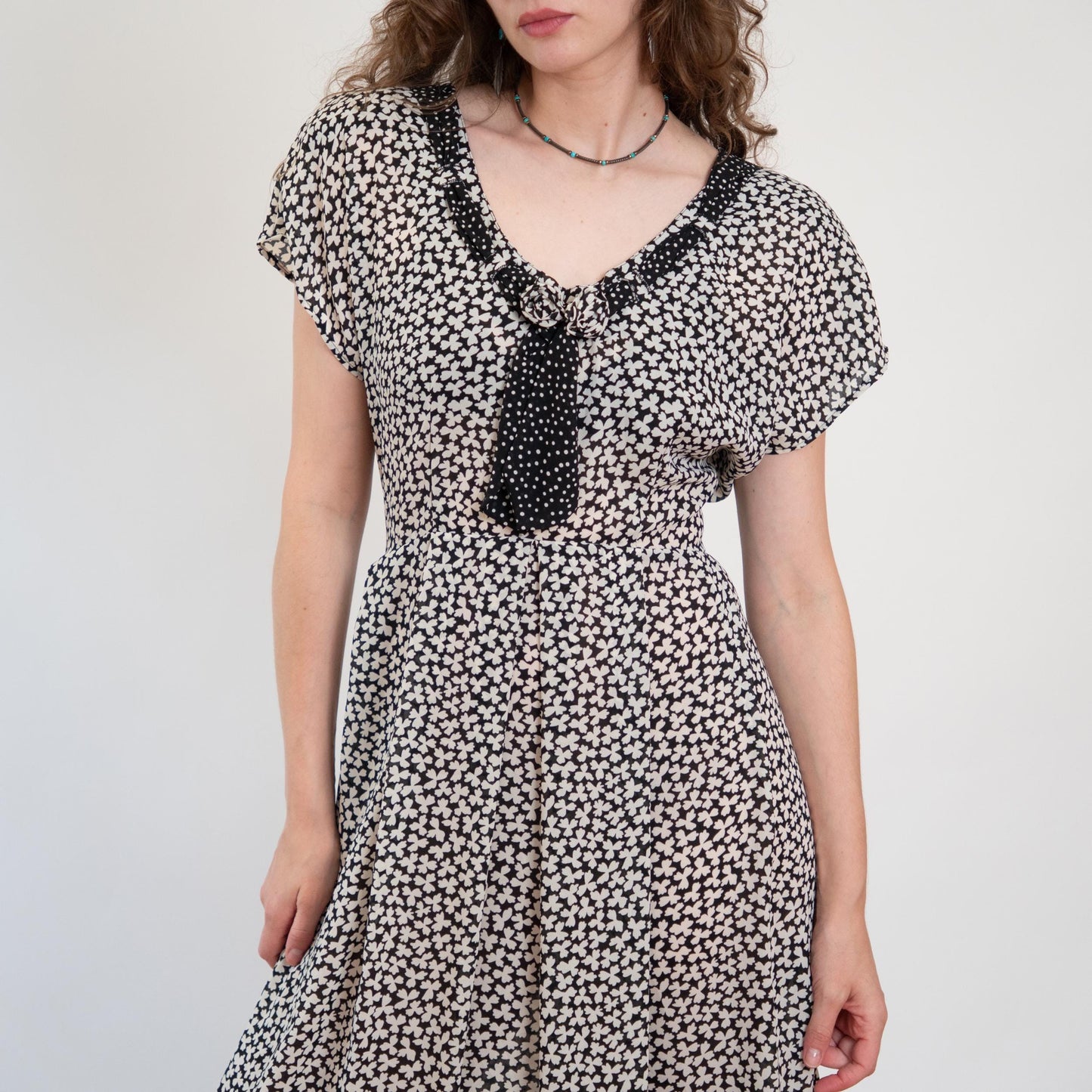Vintage 90s Does 30s Sheer Black & White Clover Print Maxi Dress - Large | Boho Grunge Neck Tie Sundress