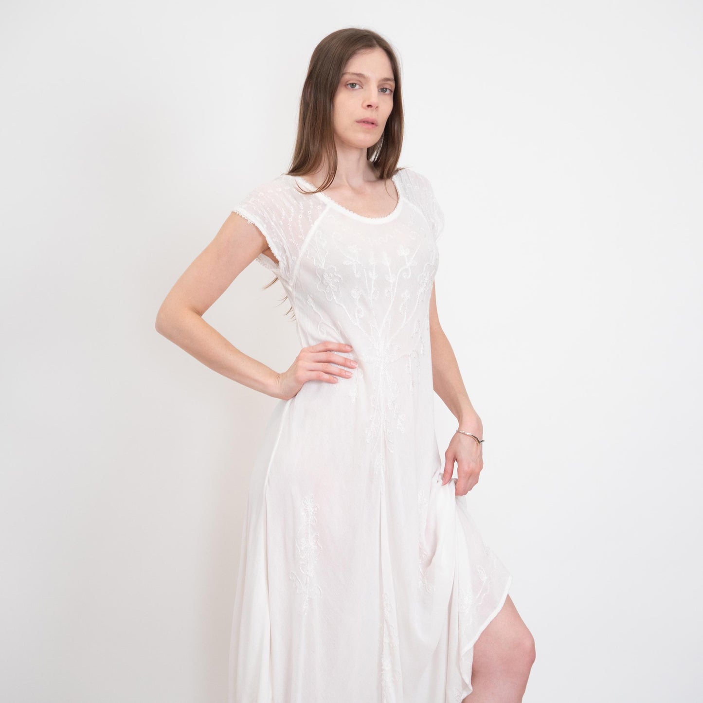Vintage 90s Boho Sheer White Embroidered Maxi Dress - One Size | Gauzy Cotton Bias Cut High-Low Sundress