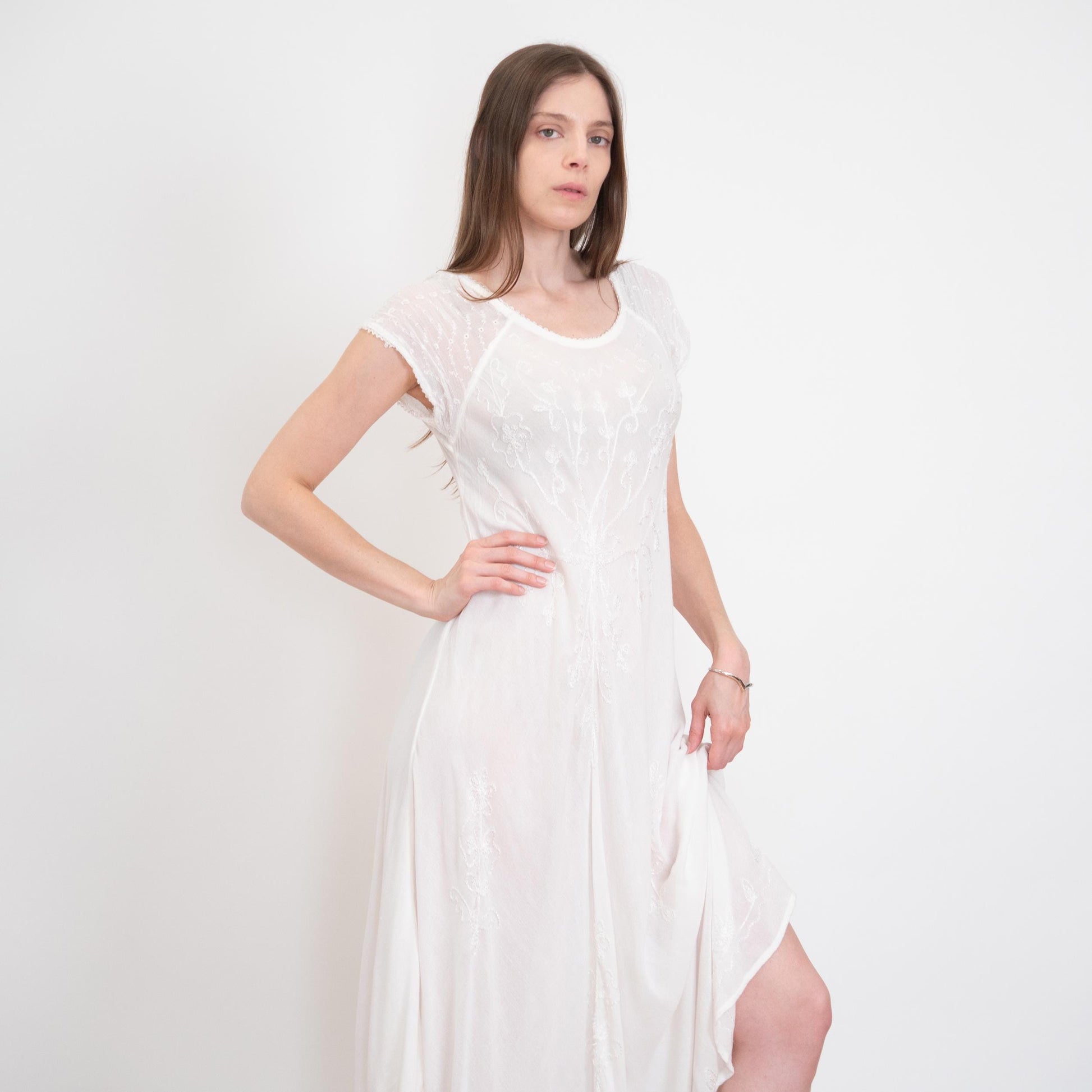 Vintage 90s Boho Sheer White Embroidered Maxi Dress - One Size | Gauzy Cotton Bias Cut High-Low Sundress