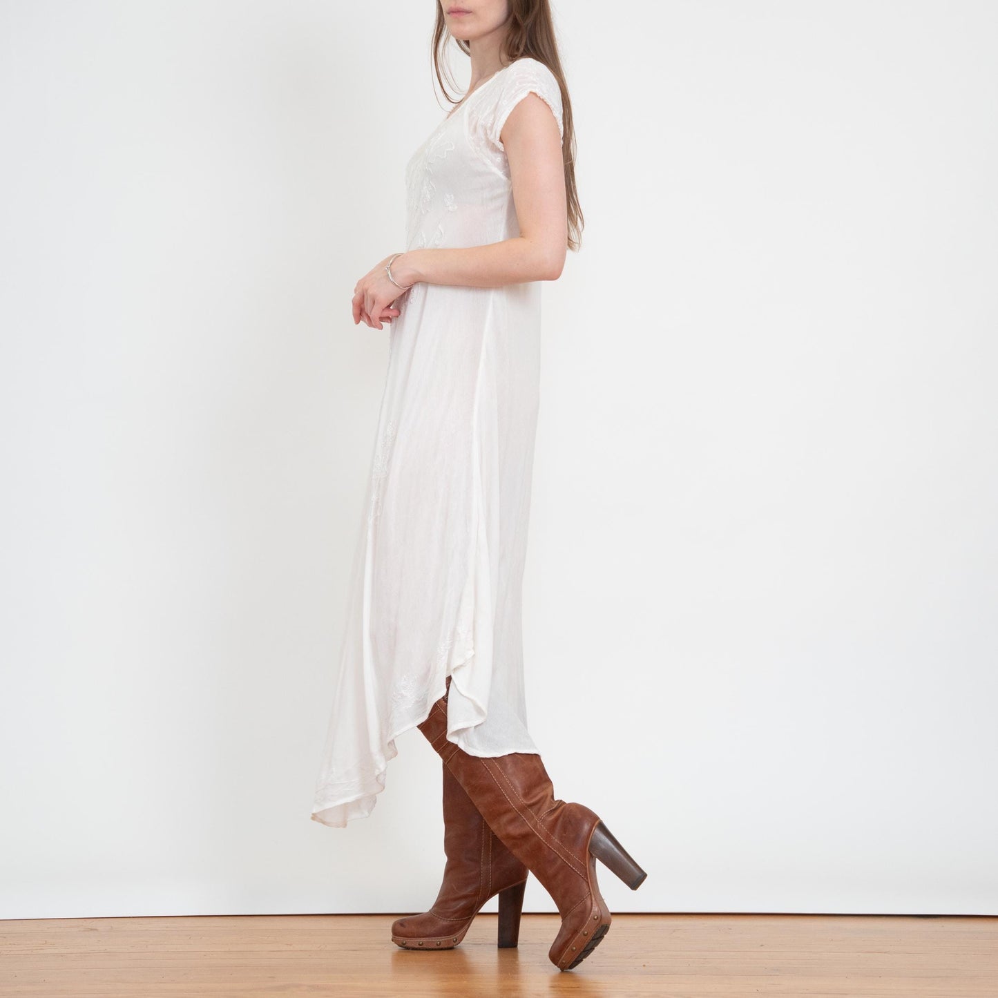 Vintage 90s Boho Sheer White Embroidered Maxi Dress - One Size | Gauzy Cotton Bias Cut High-Low Sundress