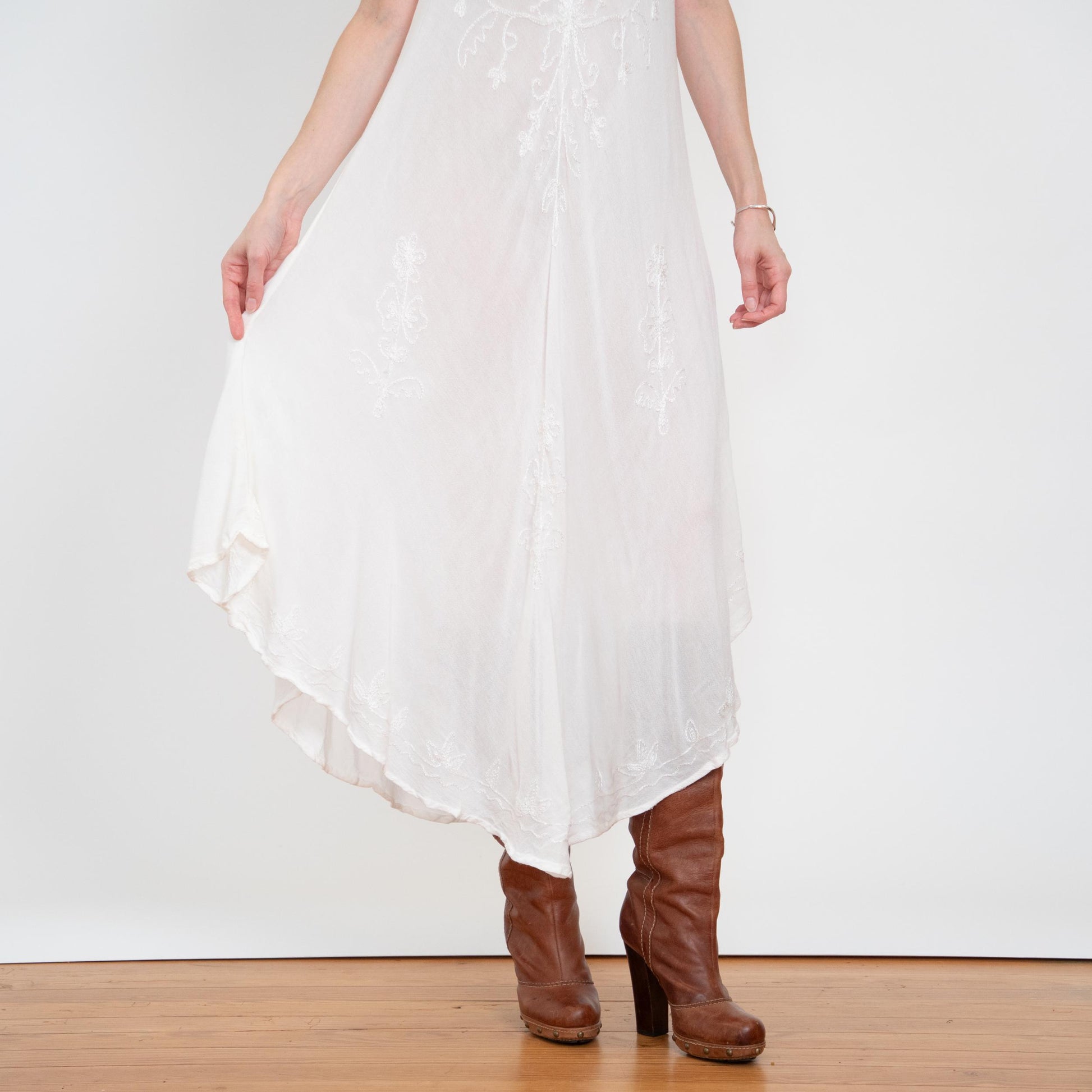 Vintage 90s Boho Sheer White Embroidered Maxi Dress - One Size | Gauzy Cotton Bias Cut High-Low Sundress