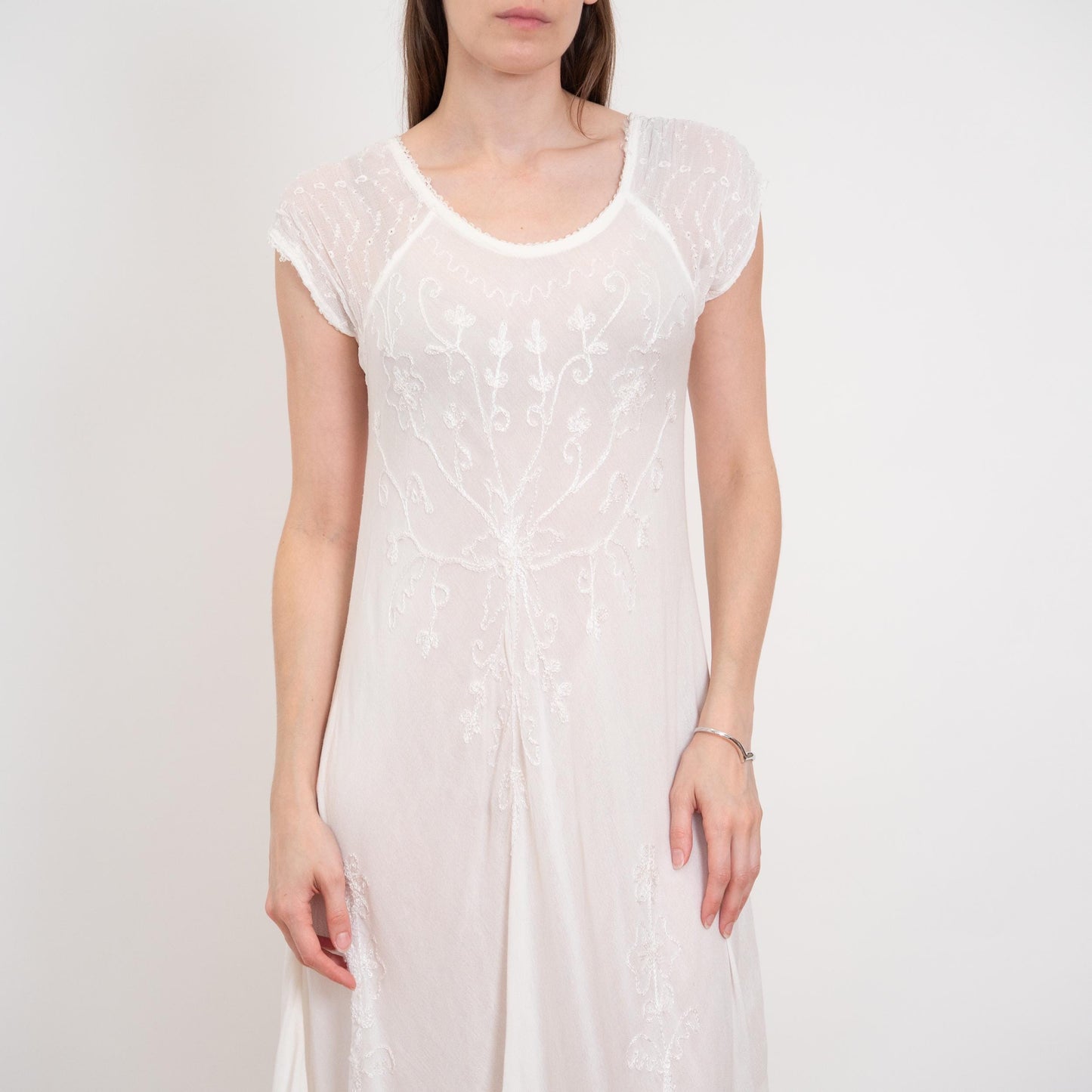 Vintage 90s Boho Sheer White Embroidered Maxi Dress - One Size | Gauzy Cotton Bias Cut High-Low Sundress