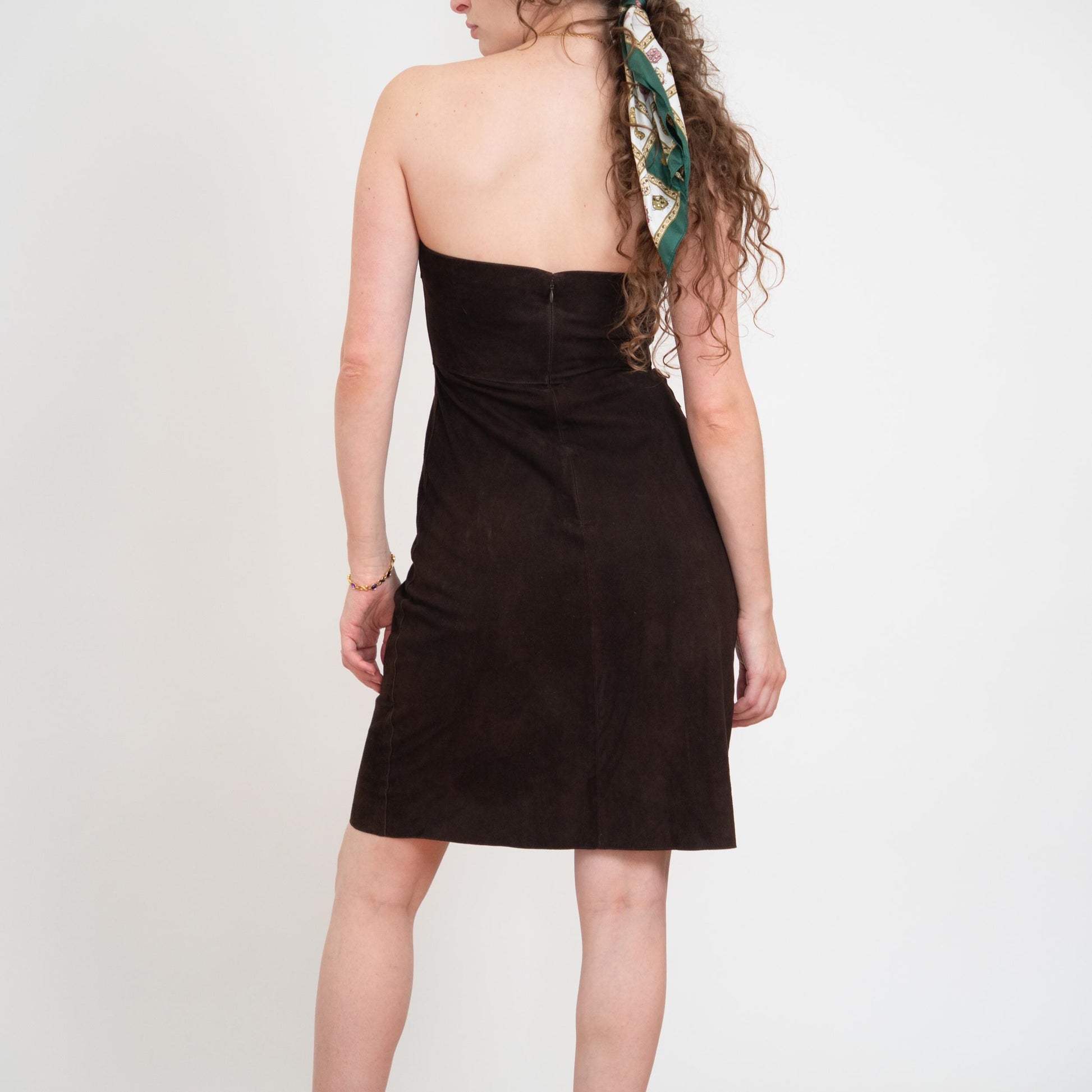 Vintage Y2K Elie Tahari Brown Suede Strapless Mini Dress - Size 6 | Espresso Leather Party Dress