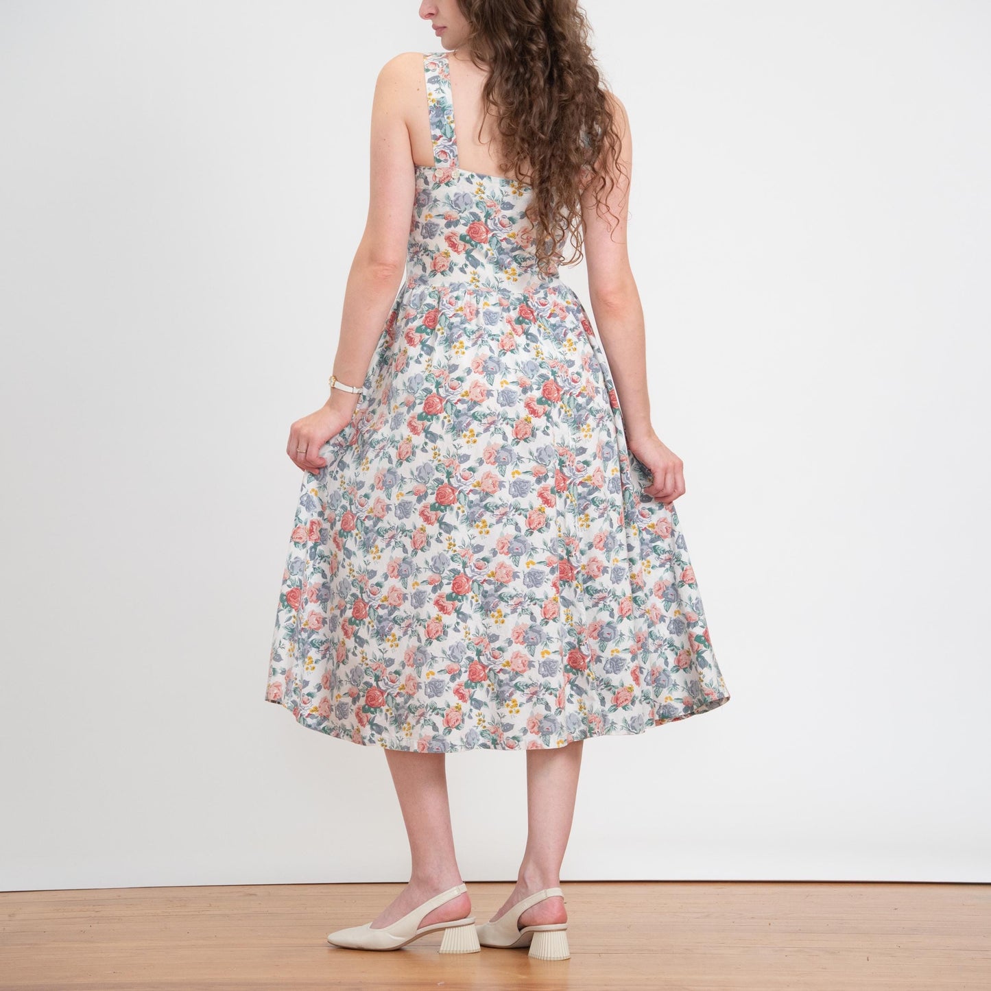 Vintage 80s Floral Cotton Fit & Flare Sundress - Small | Boho White Button Front Summer Midi Dress