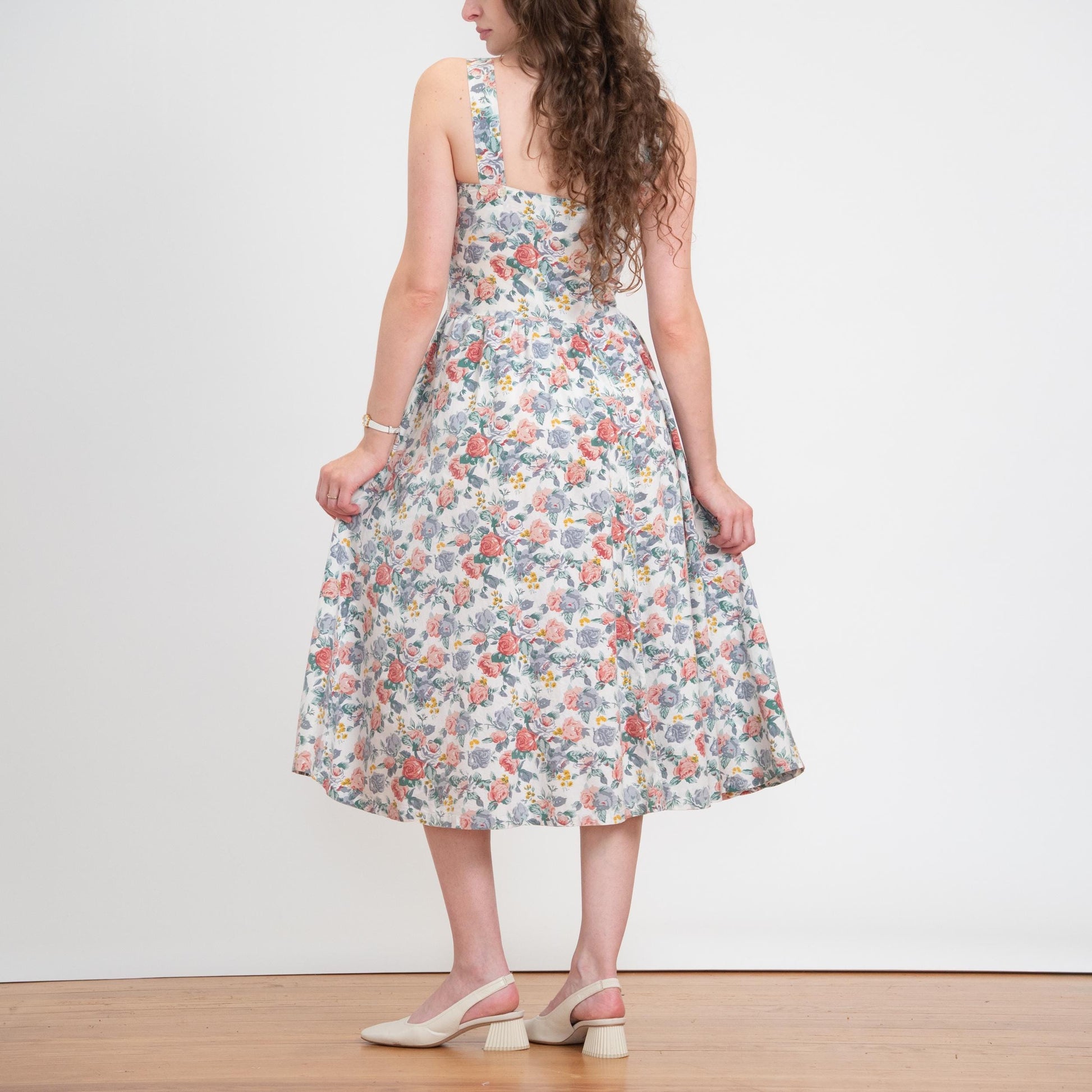 Vintage 80s Floral Cotton Fit & Flare Sundress - Small | Boho White Button Front Summer Midi Dress