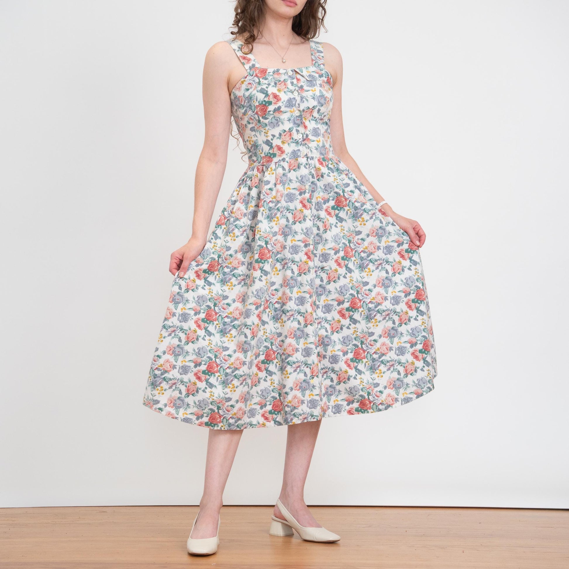 Vintage 80s Floral Cotton Fit & Flare Sundress - Small | Boho White Button Front Summer Midi Dress
