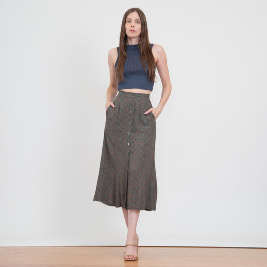 Vintage 90s Dark Green Floral Midi Skirt - Extra Small, 23" Waist | Boho High Waisted Button Front Skirt