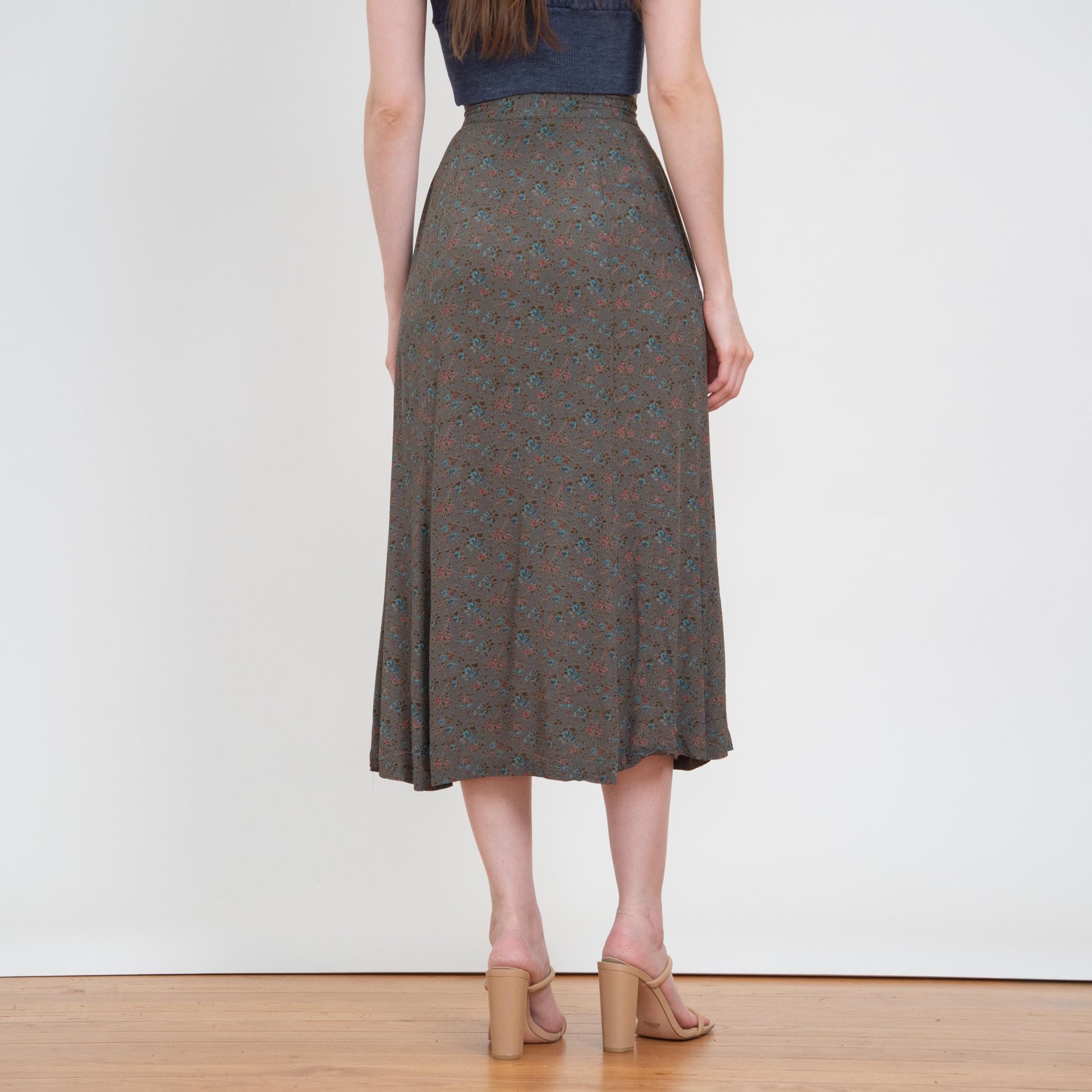 Vintage 90s Dark Green Floral Midi Skirt - Extra Small, 23" Waist | Boho High Waisted Button Front Skirt