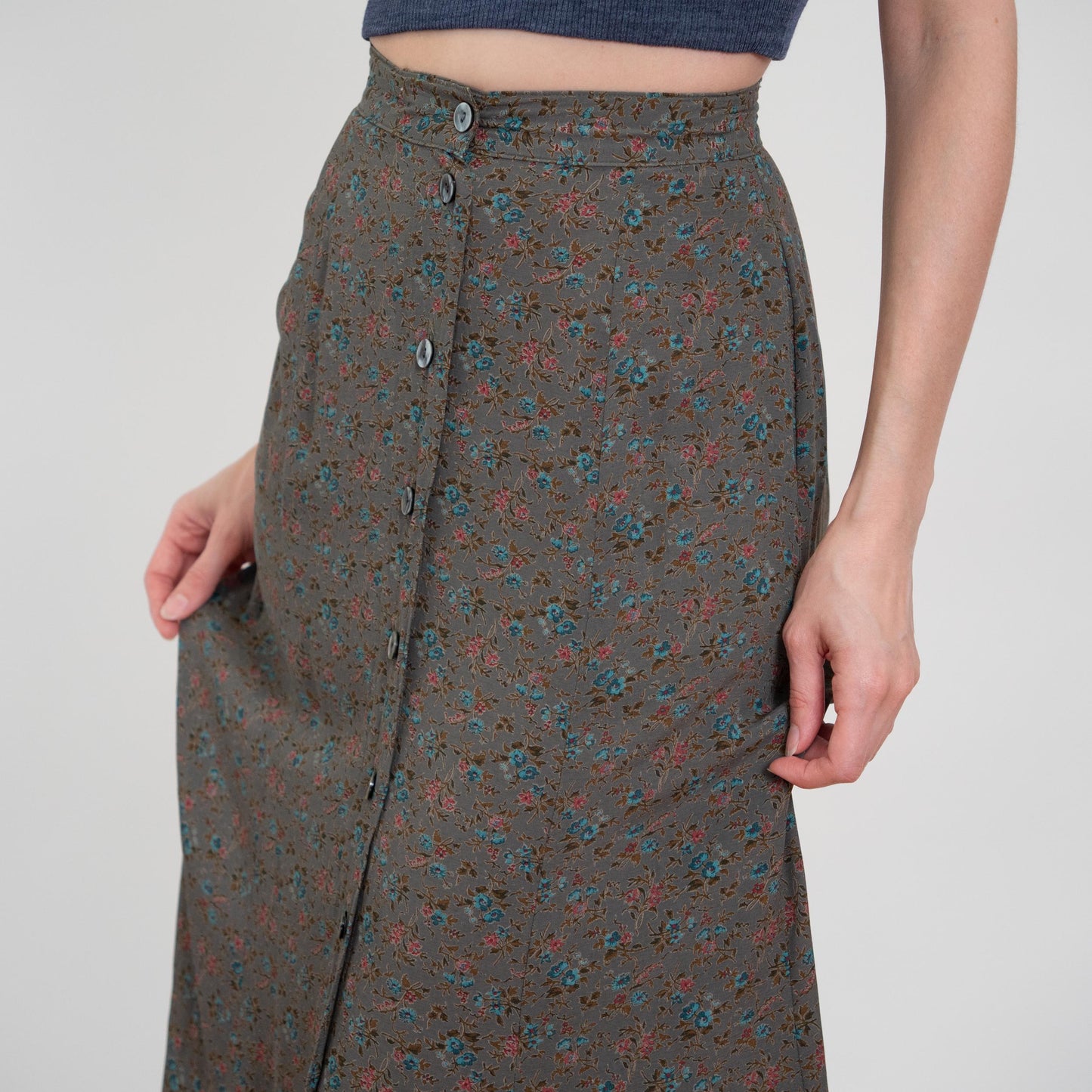 Vintage 90s Dark Green Floral Midi Skirt - Extra Small, 23" Waist | Boho High Waisted Button Front Skirt