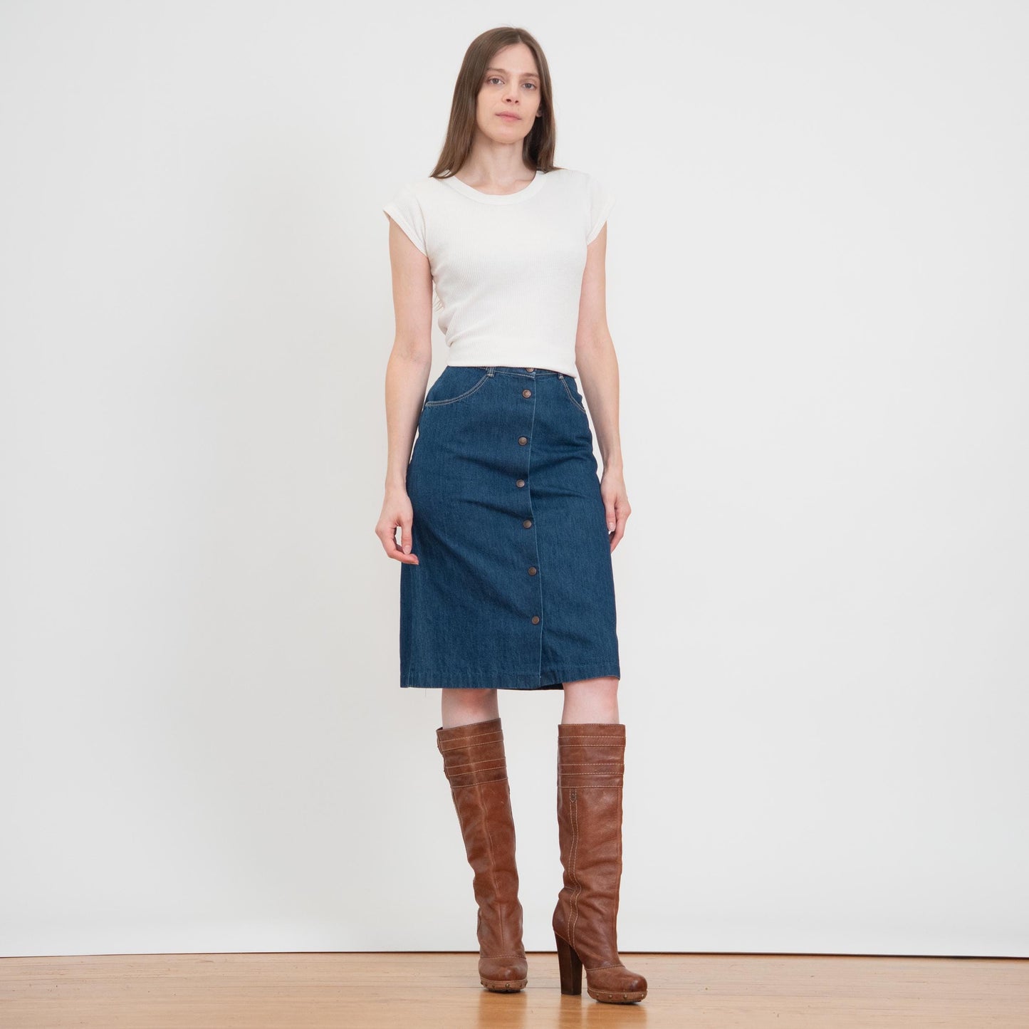 Vintage 70s Western Denim Midi Skirt - Extra Small, 25" Waist | Dark Blue Jean High Waisted Straight Skirt