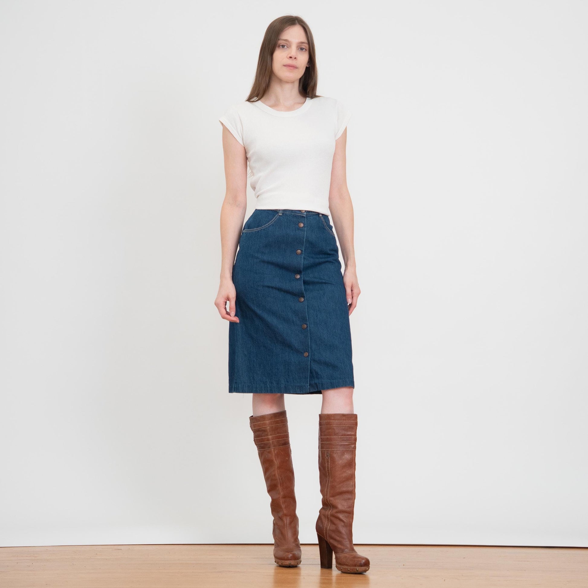 Vintage 70s Western Denim Midi Skirt - Extra Small, 25" Waist | Dark Blue Jean High Waisted Straight Skirt