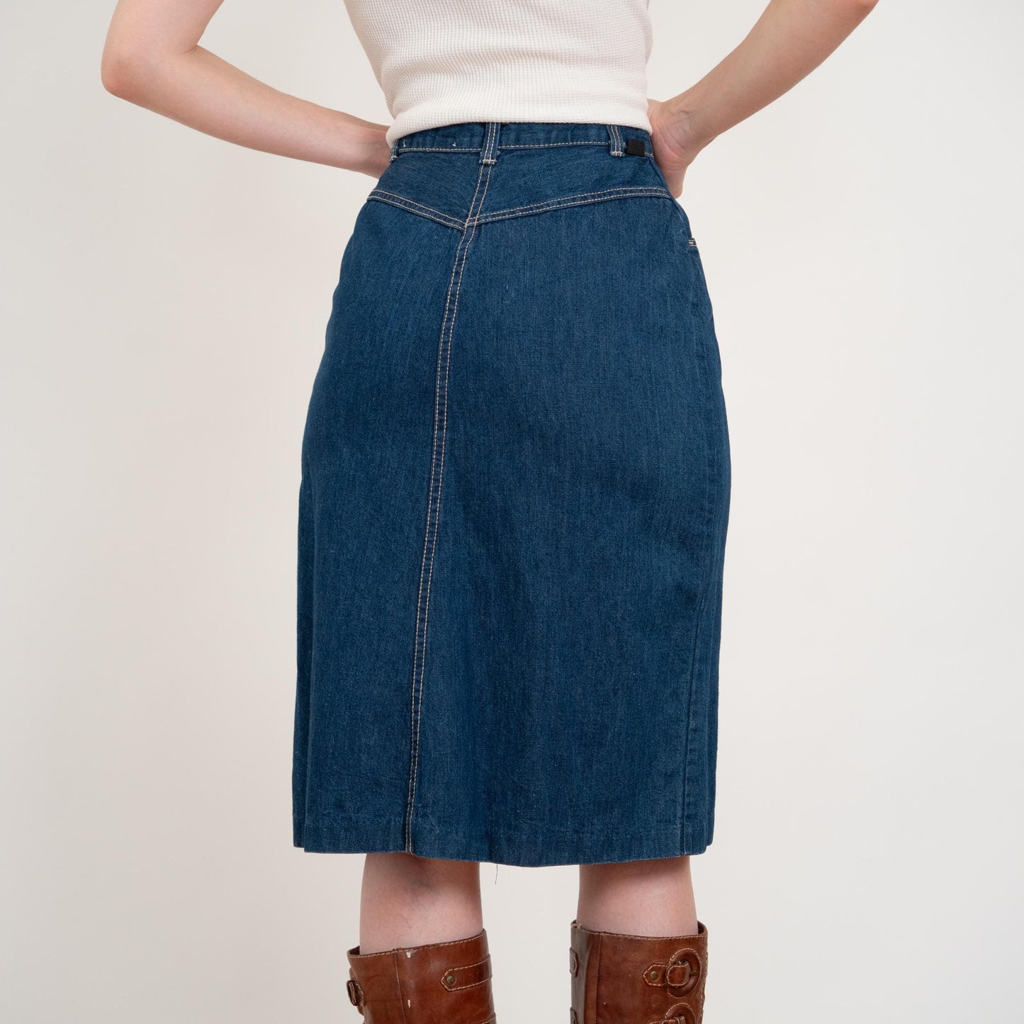 Vintage 70s Western Denim Midi Skirt - Extra Small, 25" Waist | Dark Blue Jean High Waisted Straight Skirt