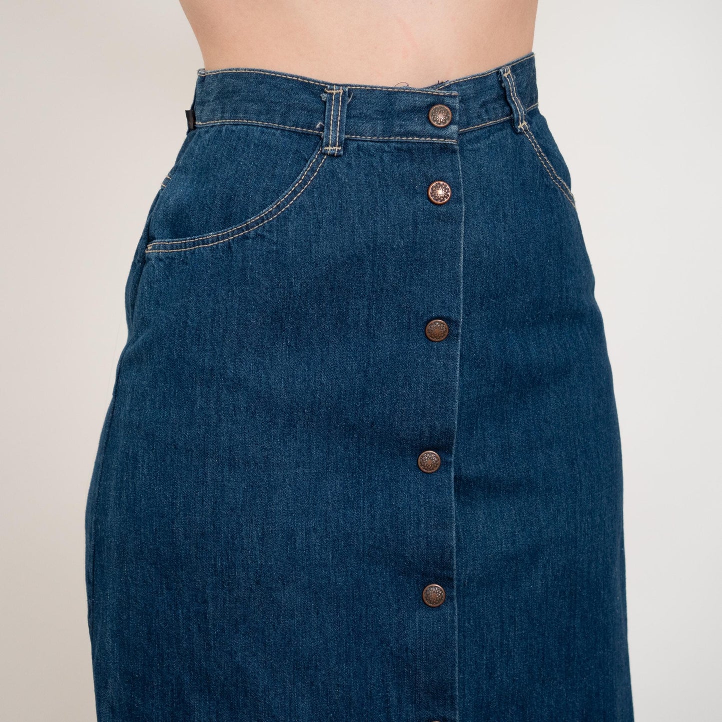 Vintage 70s Western Denim Midi Skirt - Extra Small, 25" Waist | Dark Blue Jean High Waisted Straight Skirt