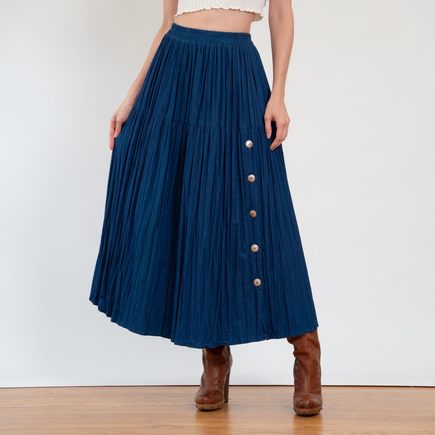 Vintage 80s Western Denim Concho Maxi Skirt - Small to Medium | High Waisted Blue Jean Pleated Long Skirt