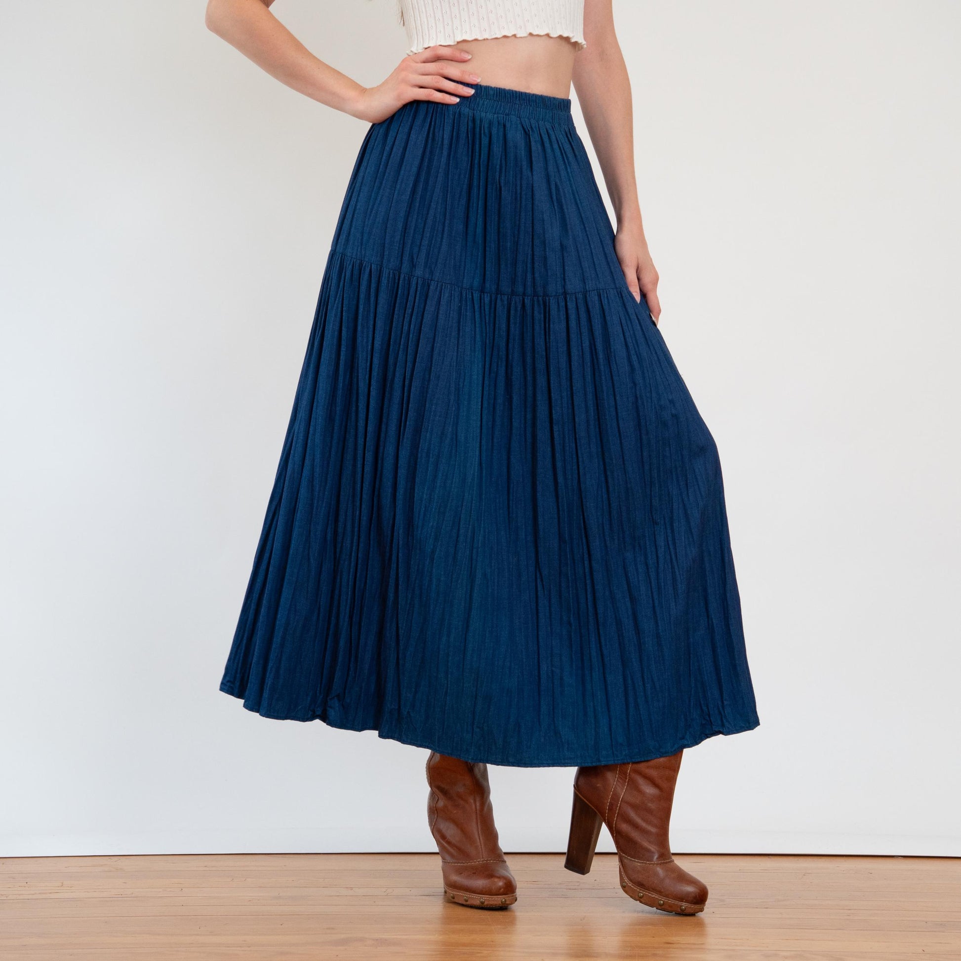 Vintage 80s Western Denim Concho Maxi Skirt - Small to Medium | High Waisted Blue Jean Pleated Long Skirt