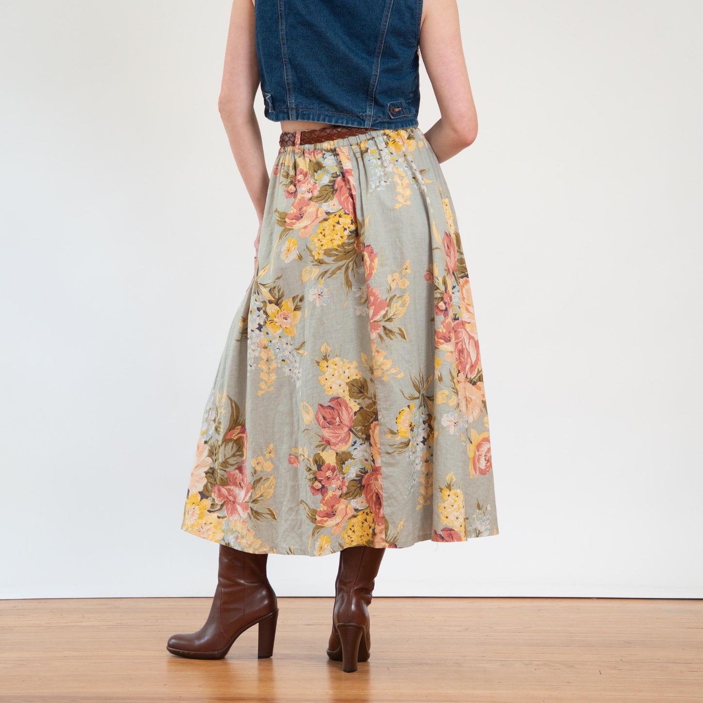 Vintage 90s Sage Floral Country Store Midi Skirt - Medium