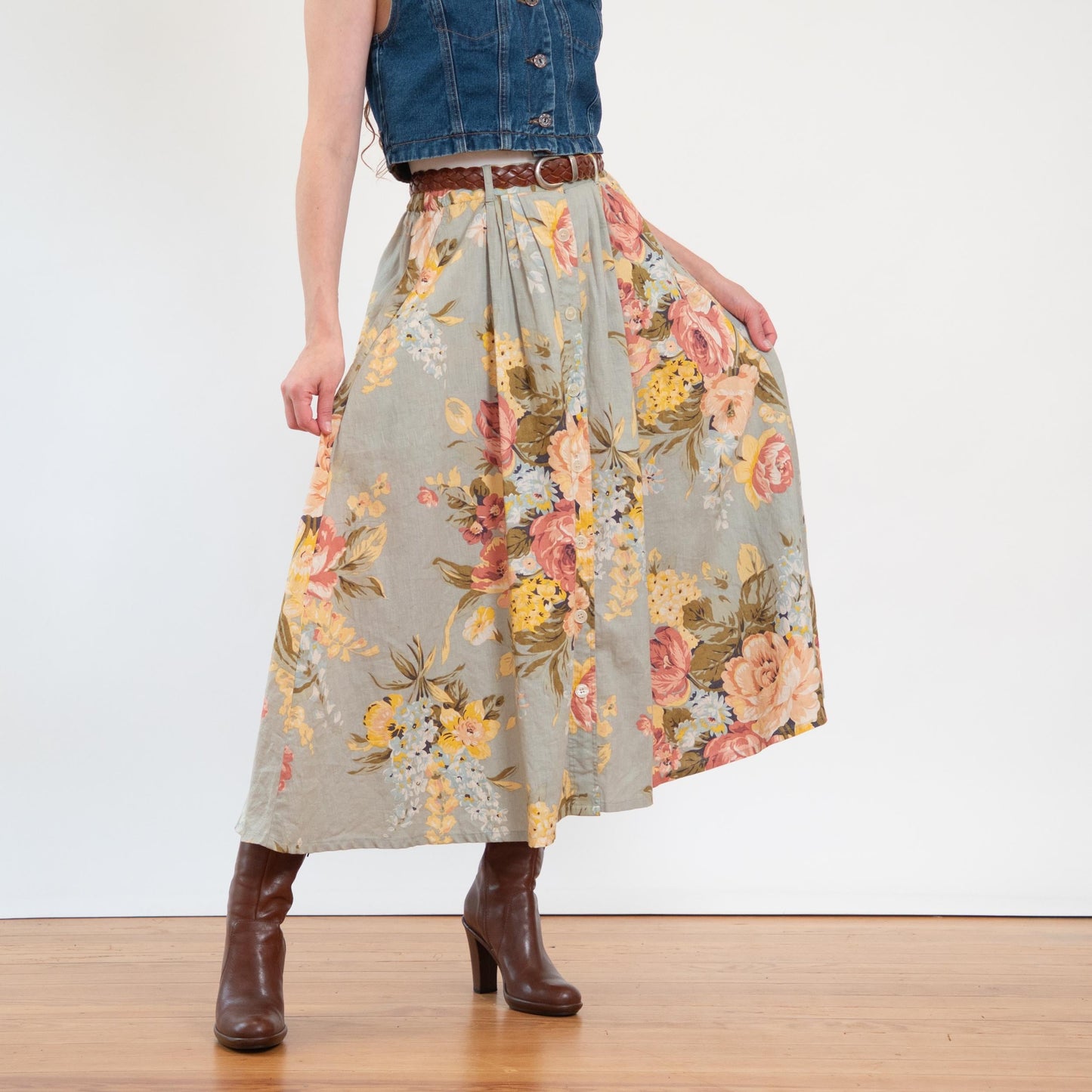 Vintage 90s Sage Floral Country Store Midi Skirt - Medium