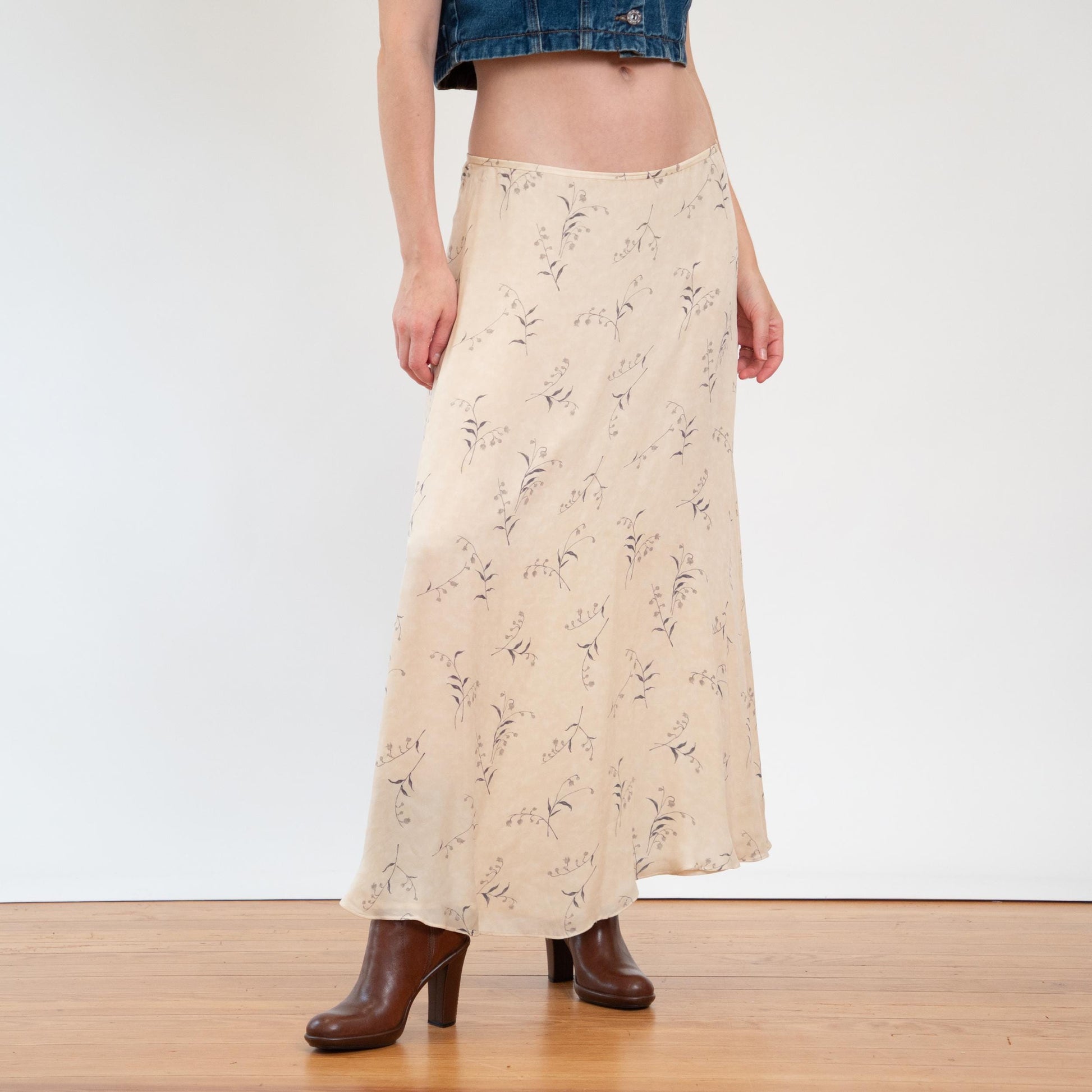 Vintage 90s Y2K Ralph Lauren Silk Butter Yellow Floral Maxi Skirt - Large | Boho Long Slip Skirt