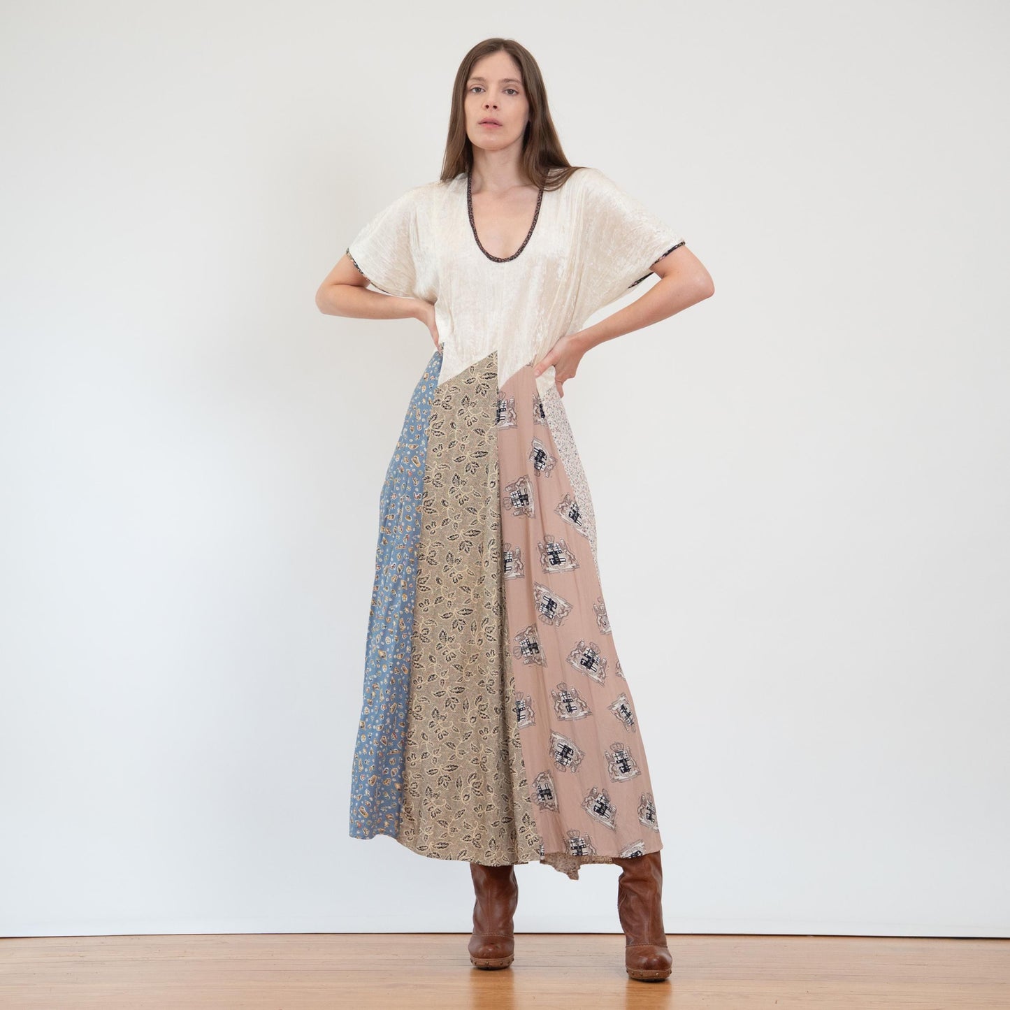 Vintage 80s Boho Patchwork & Velvet Maxi Dress - Medium to Large | Oversize Grunge Novelty Print Sundress