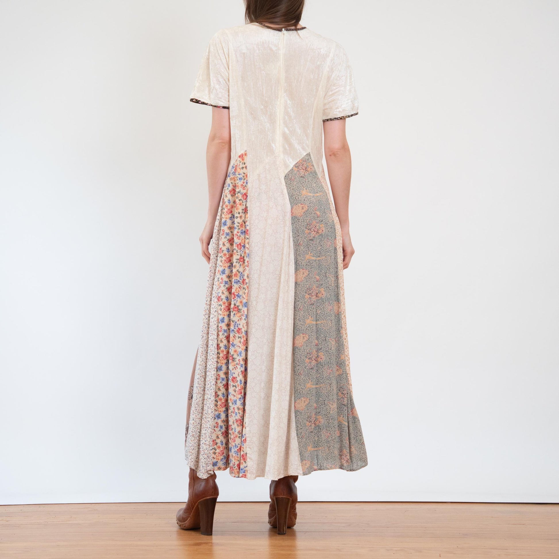 Vintage 80s Boho Patchwork & Velvet Maxi Dress - Medium to Large | Oversize Grunge Novelty Print Sundress
