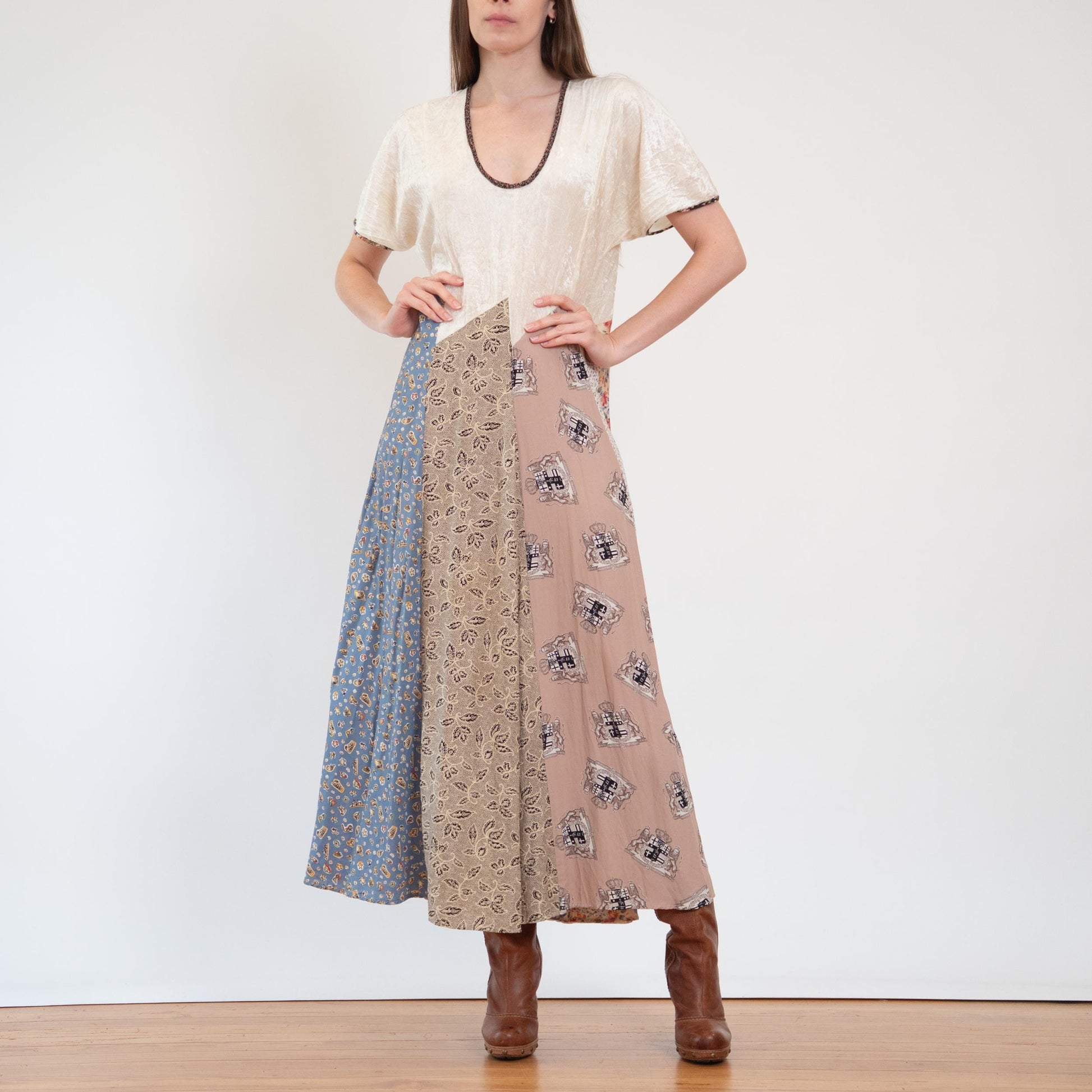 Vintage 80s Boho Patchwork & Velvet Maxi Dress - Medium to Large | Oversize Grunge Novelty Print Sundress