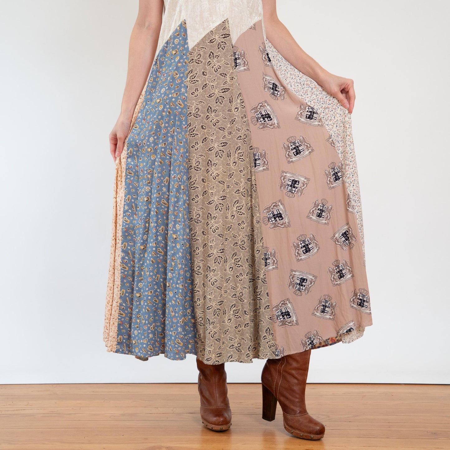 Vintage 80s Boho Patchwork & Velvet Maxi Dress - Medium to Large | Oversize Grunge Novelty Print Sundress