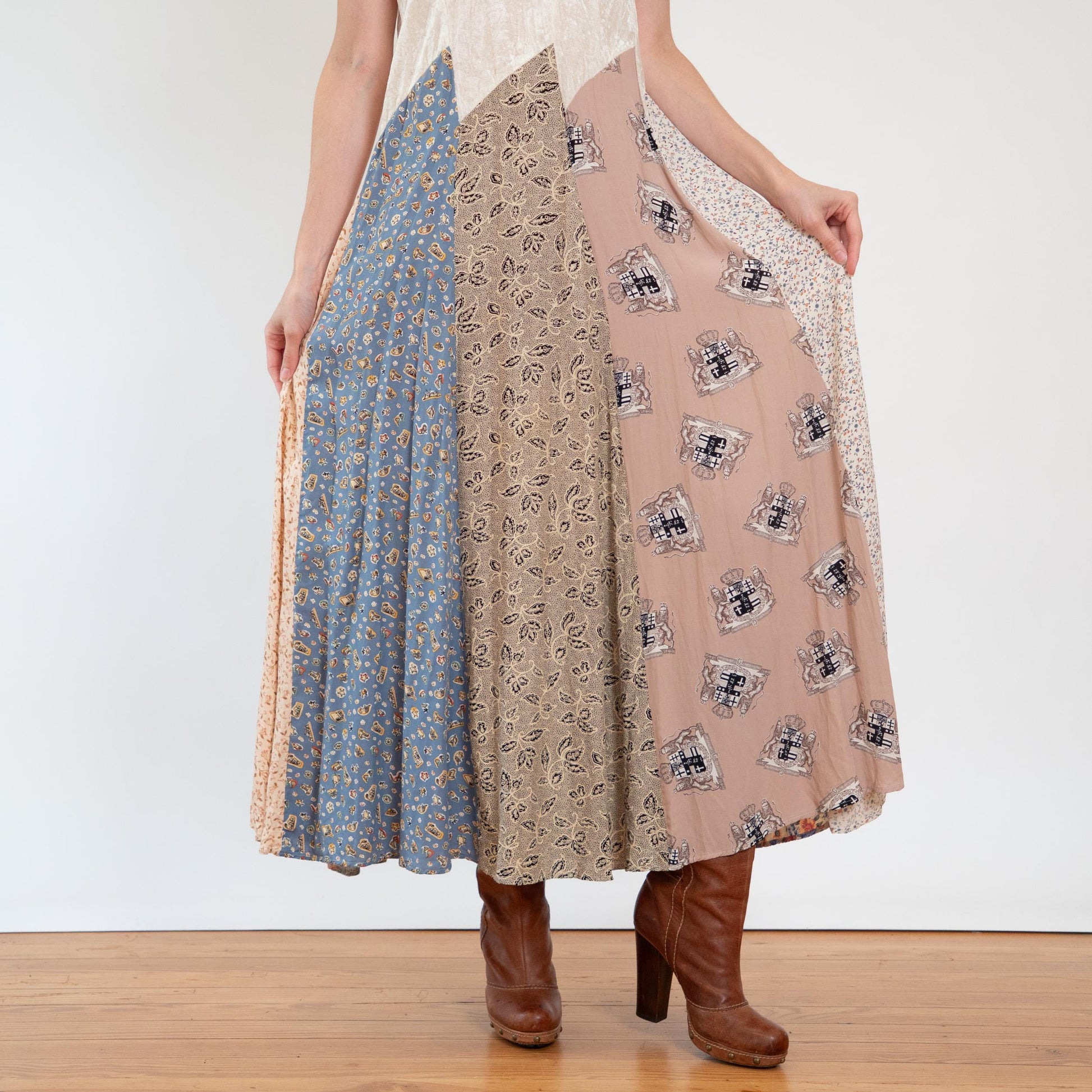 Vintage 80s Boho Patchwork & Velvet Maxi Dress - Medium to Large | Oversize Grunge Novelty Print Sundress