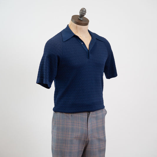 Vintage 80s Navy Blue Dagger Collar Knit Polo Top - Medium