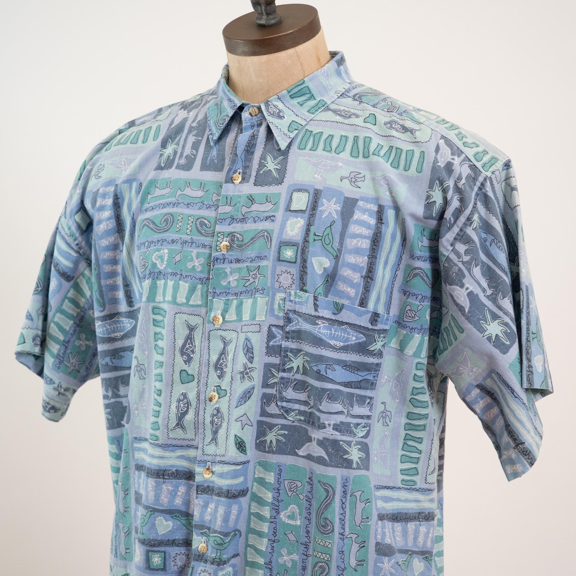 Vintage 90s Batik Fish Print Button Up Top - Extra Large | Lightweight Blue Short Sleeve Collared Shirt