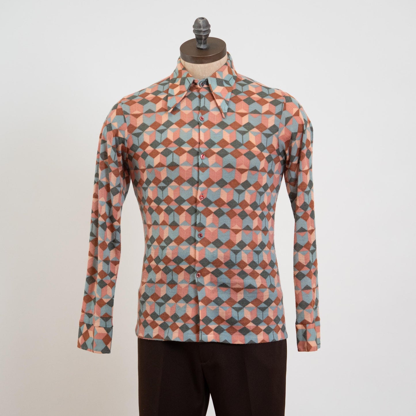Vintage 70s Geometric Op Art Novelty Print Disco Shirt - Small | Long Sleeve Collared Knit Button Up Shirt