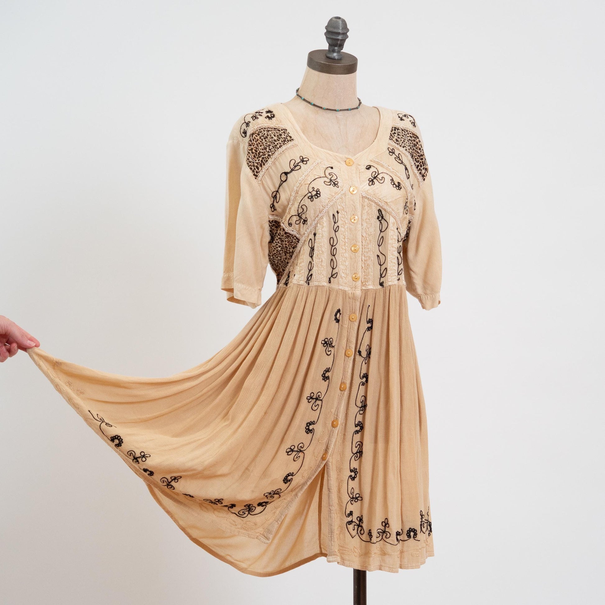 Vintage 90s Boho Beige Embroidered Mini Sundress