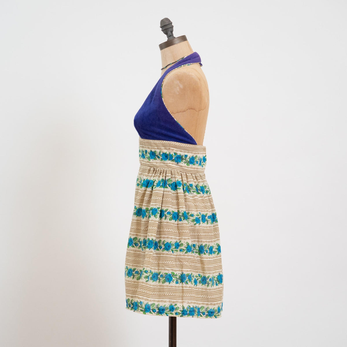 Vintage 70s Candi Jones Mini Halter Sundress - Extra Small | Low Back Striped Floral Boho Dress