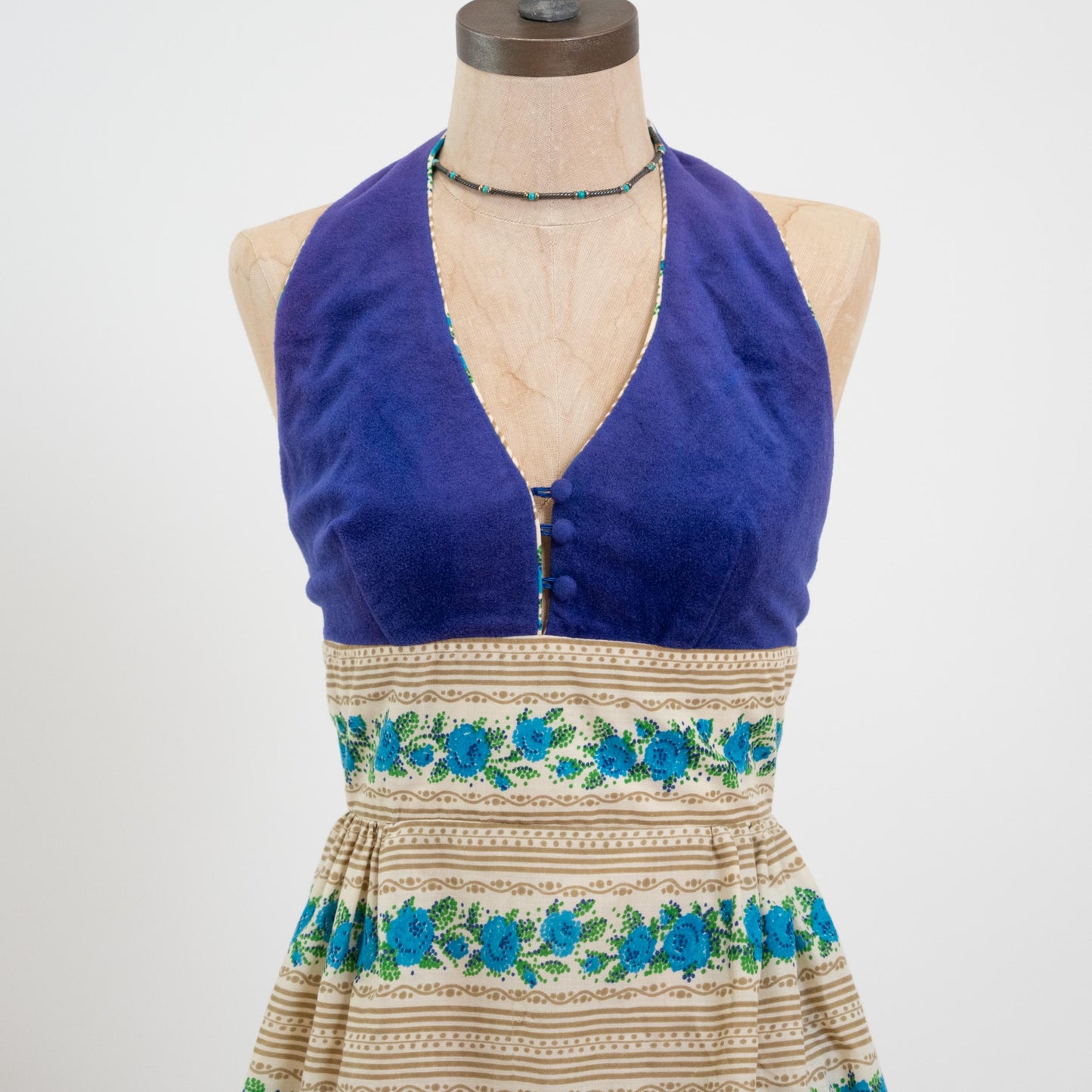 Vintage 70s Candi Jones Mini Halter Sundress - Extra Small | Low Back Striped Floral Boho Dress