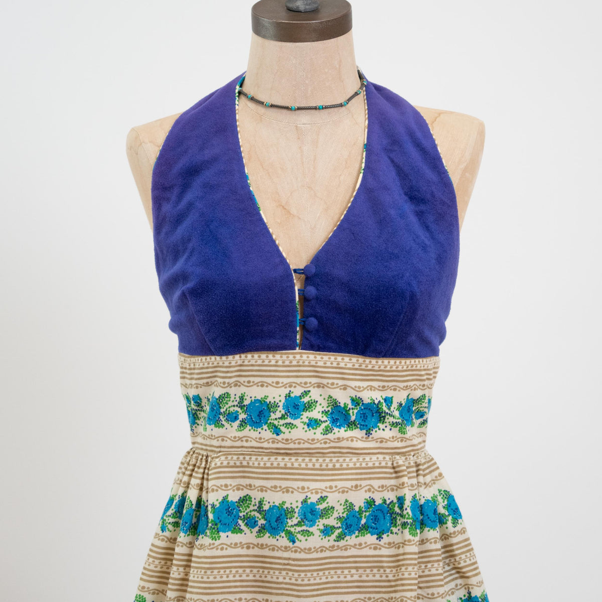 Vintage 70s Candi Jones Mini Halter Sundress - Extra Small | Low Back Striped Floral Boho Dress